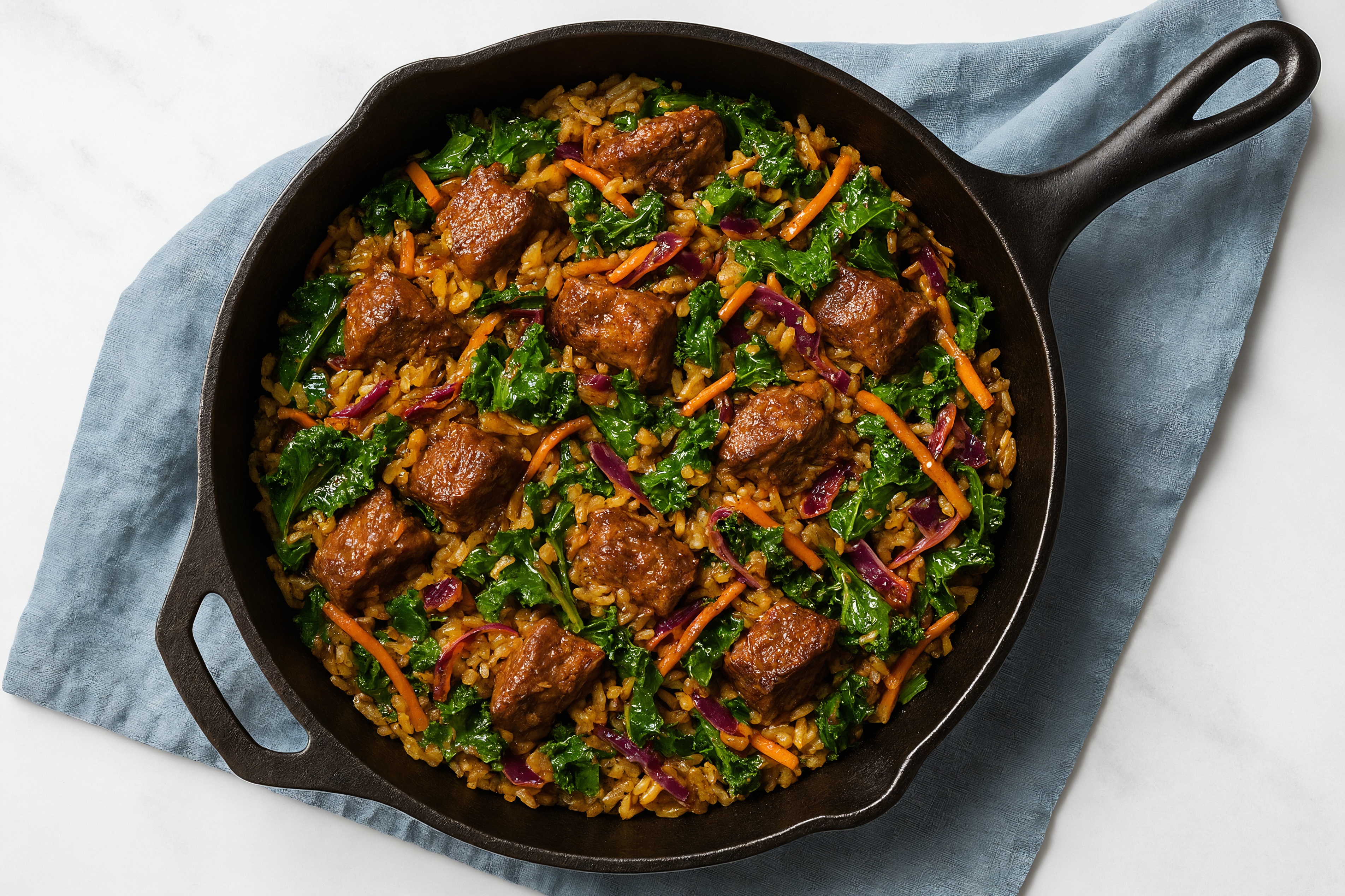Sesame Ginger Rainbow Veggie + Lamb Stir-Fry with Seasoned Jasmine Rice