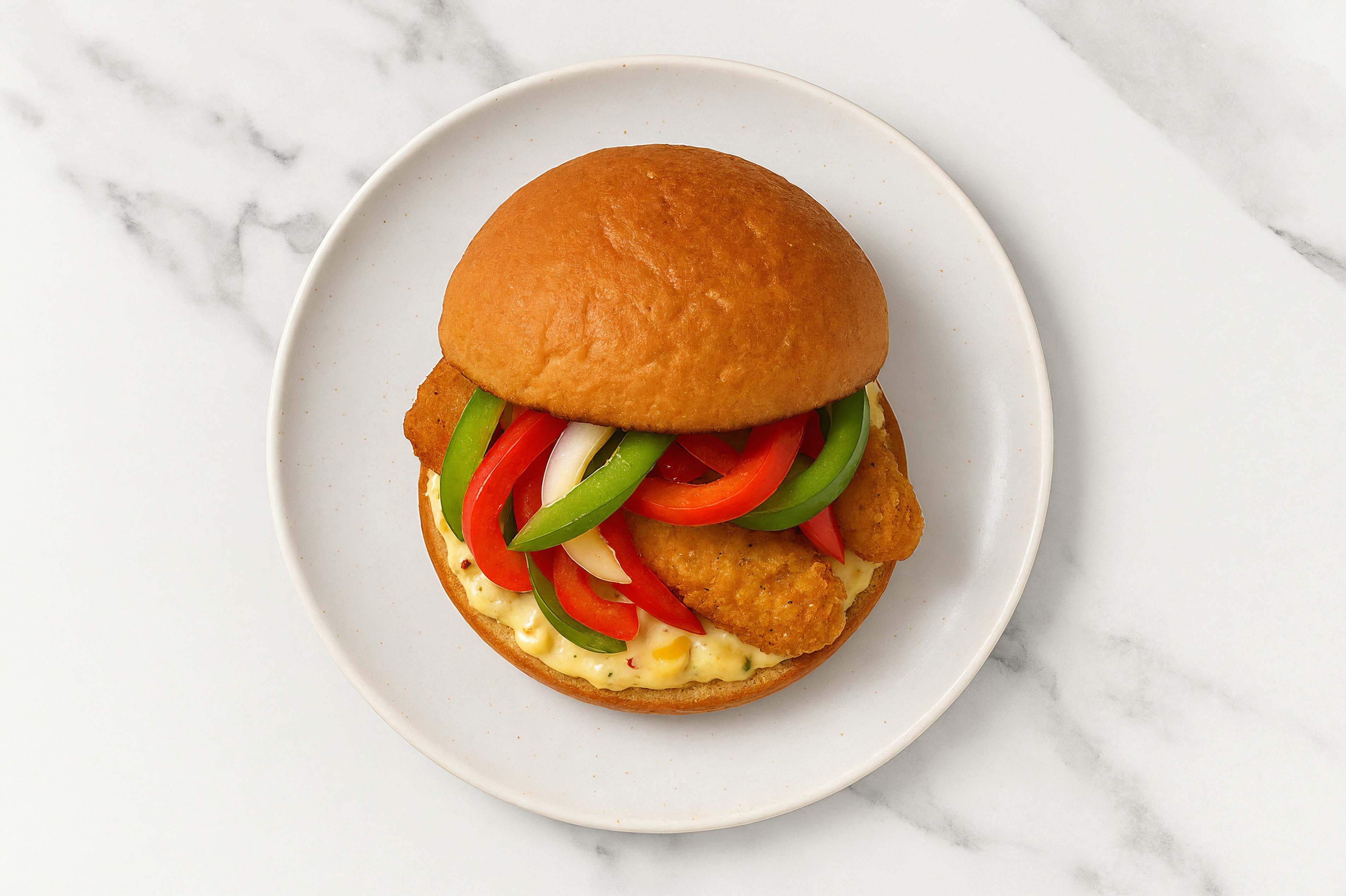 Street Corn "Chicken" Tenders Sandwich with Peppers + Onion on Gluten-Free Buns