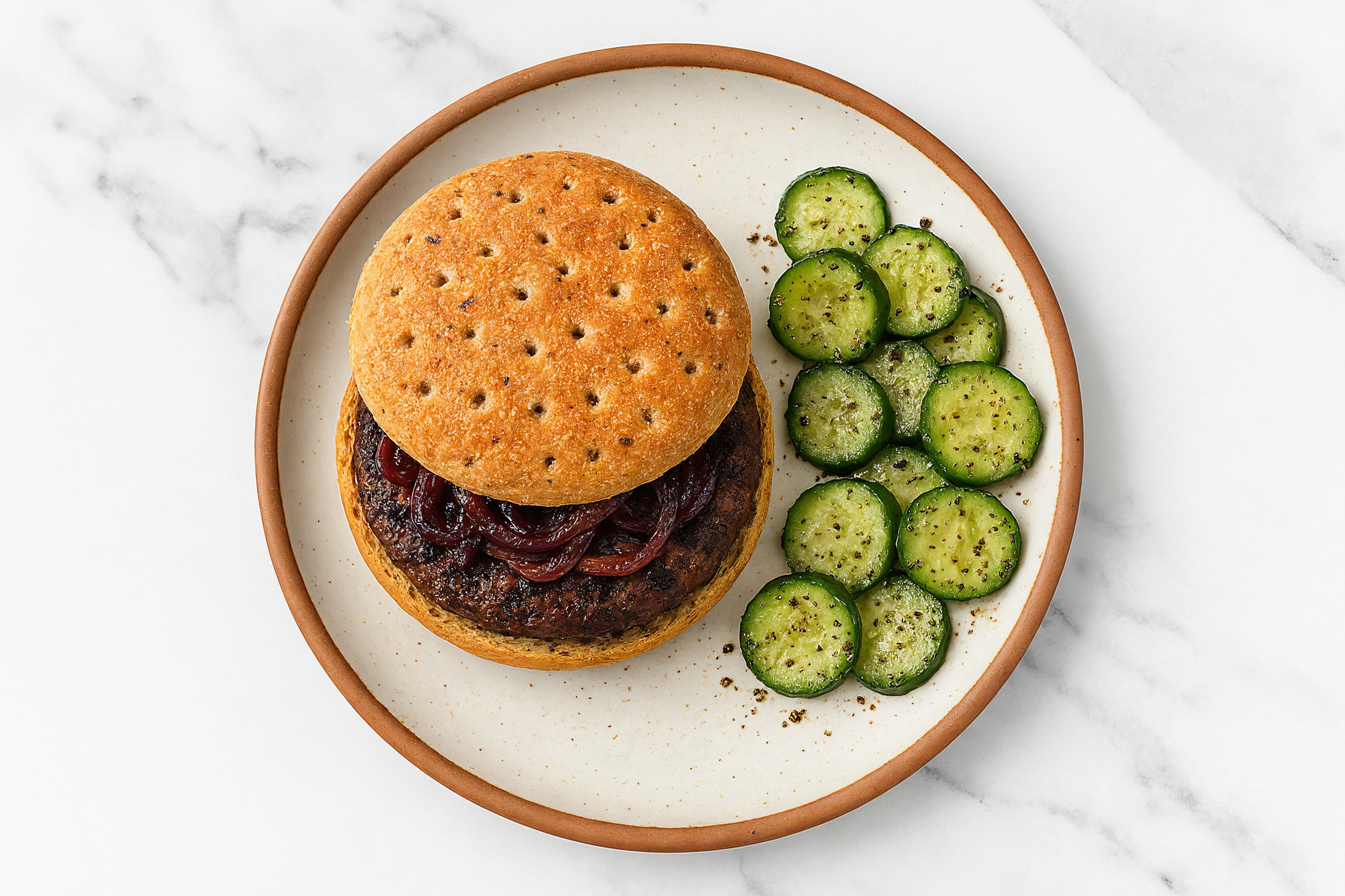 Balsamic Onion Beyond Burger + Cucumber Salad
