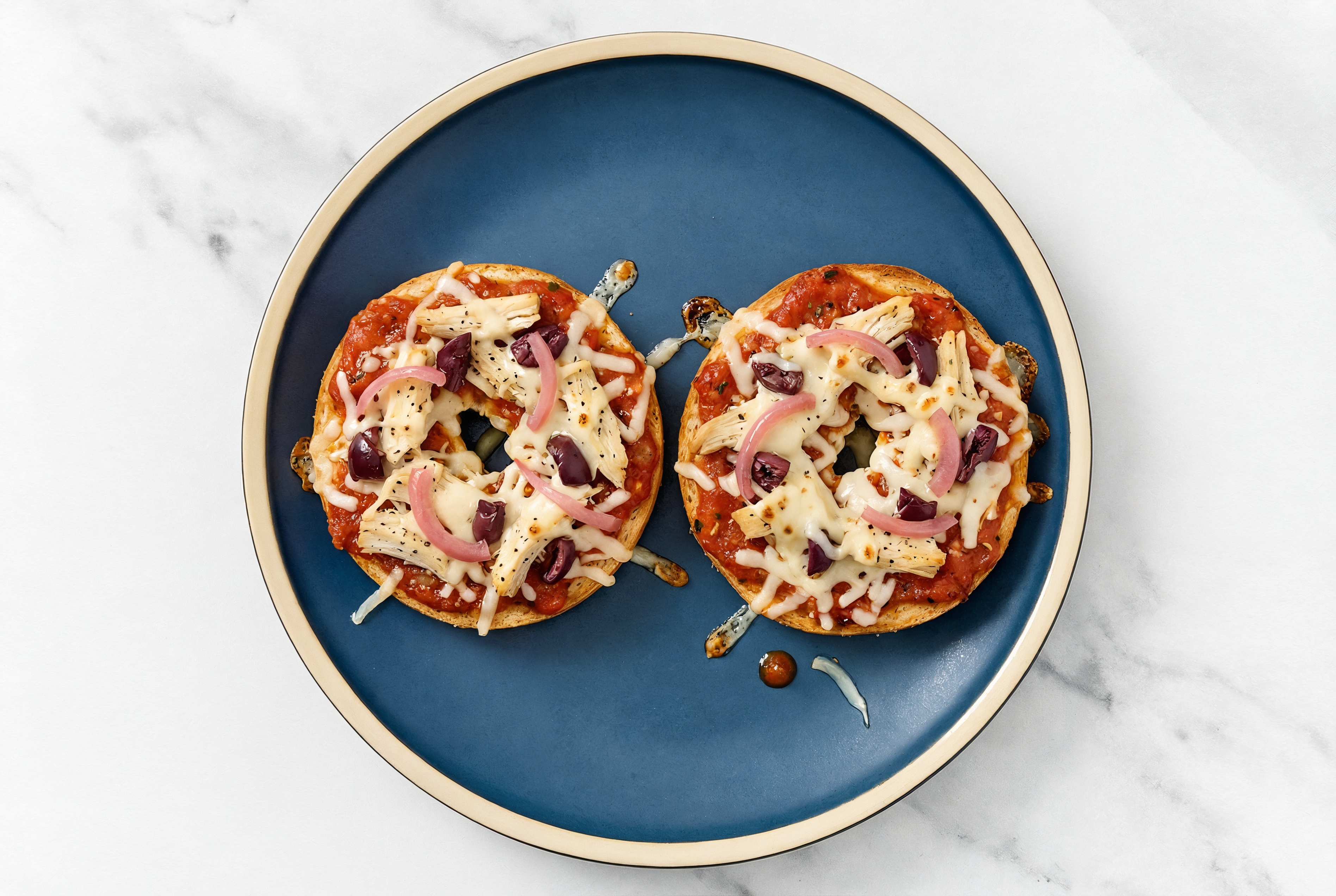 Classic Pulled Chicken + Olives Pizza Gluten-Free Plain Bagels with Pickled Onion