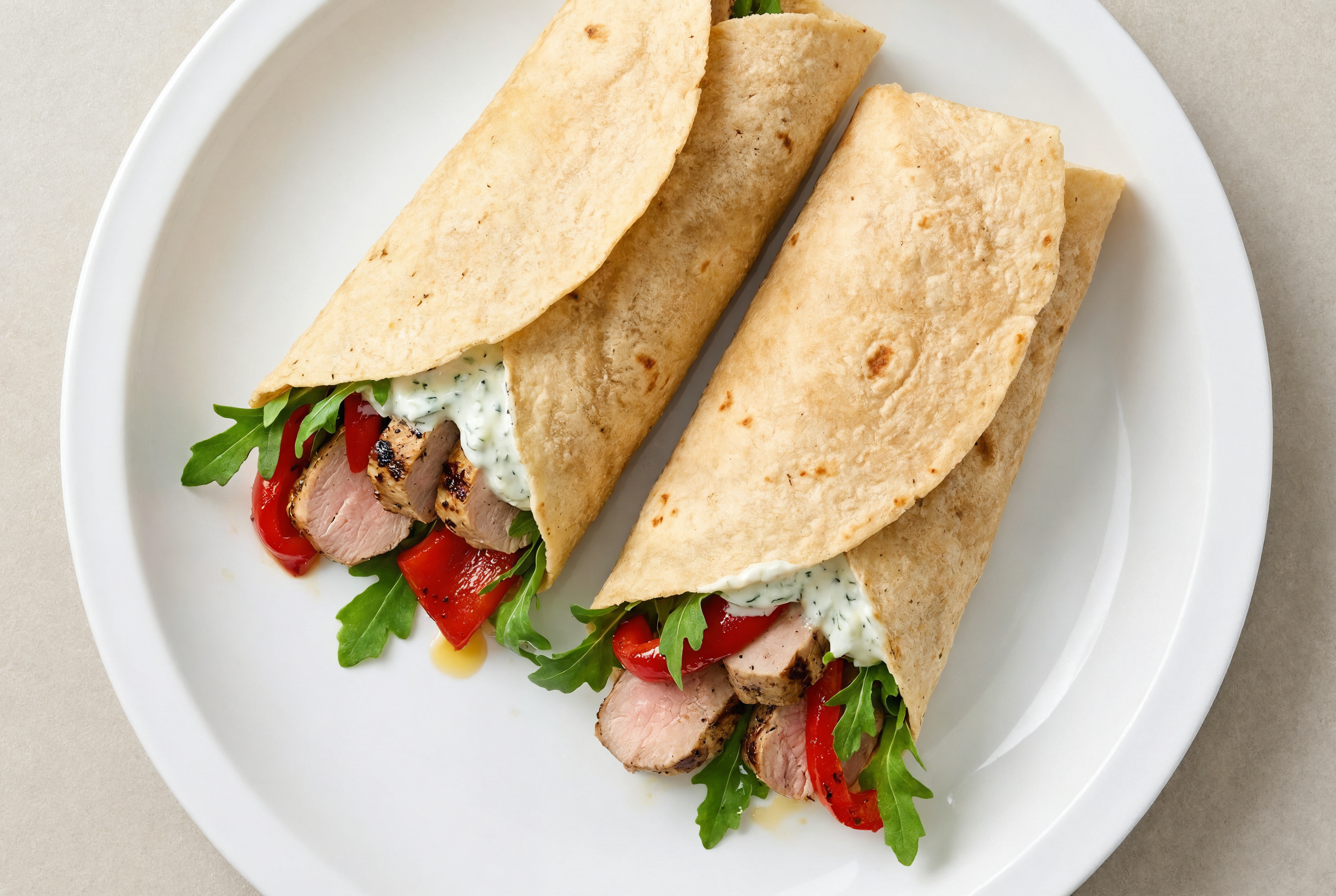 Creamy Pork Tenderloin + Roasted Pepper Tortilla Wraps with Arugula