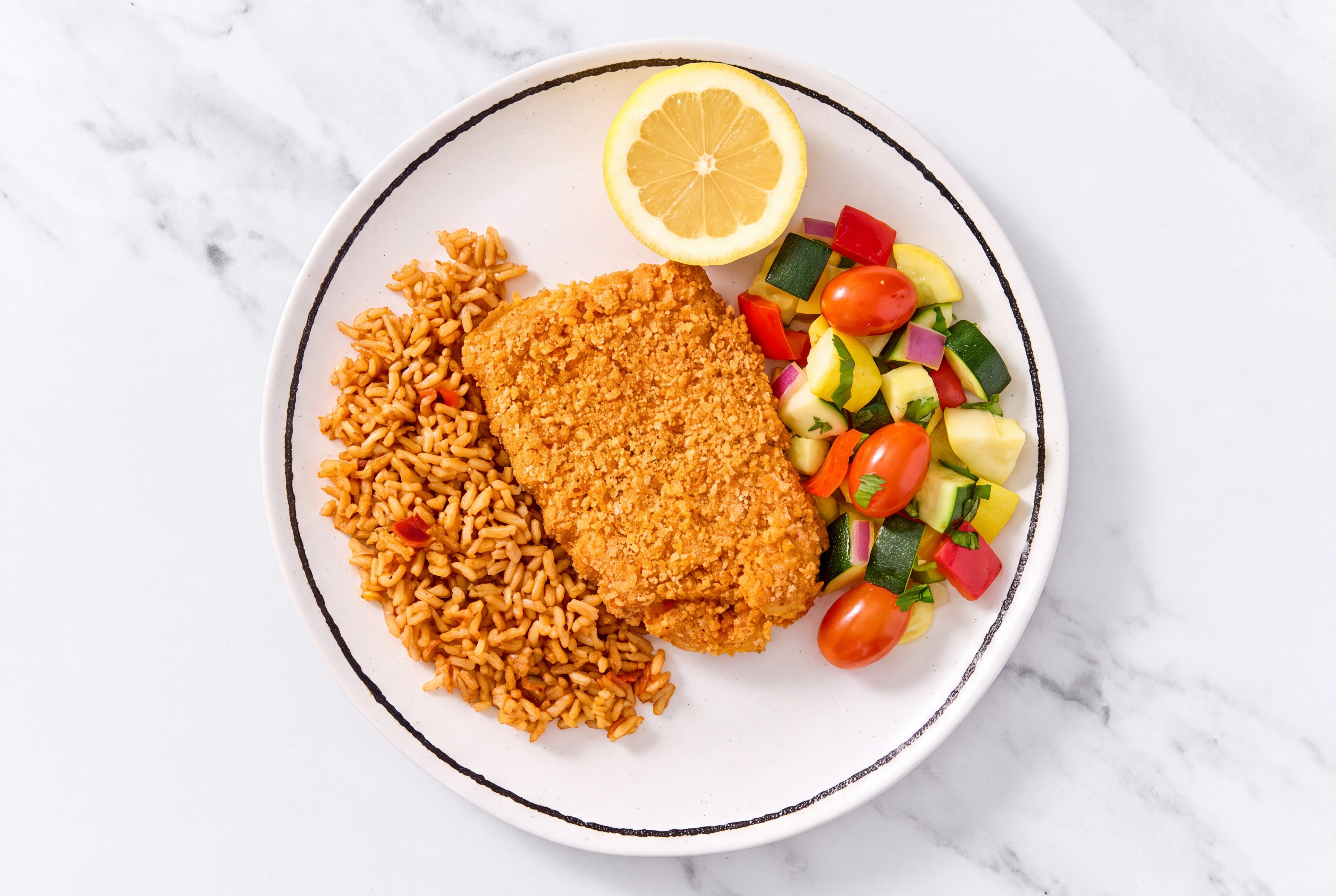 Lemon Hot Honey Breaded Chicken Cutlet with Squash Skillet & Mexican Rice
