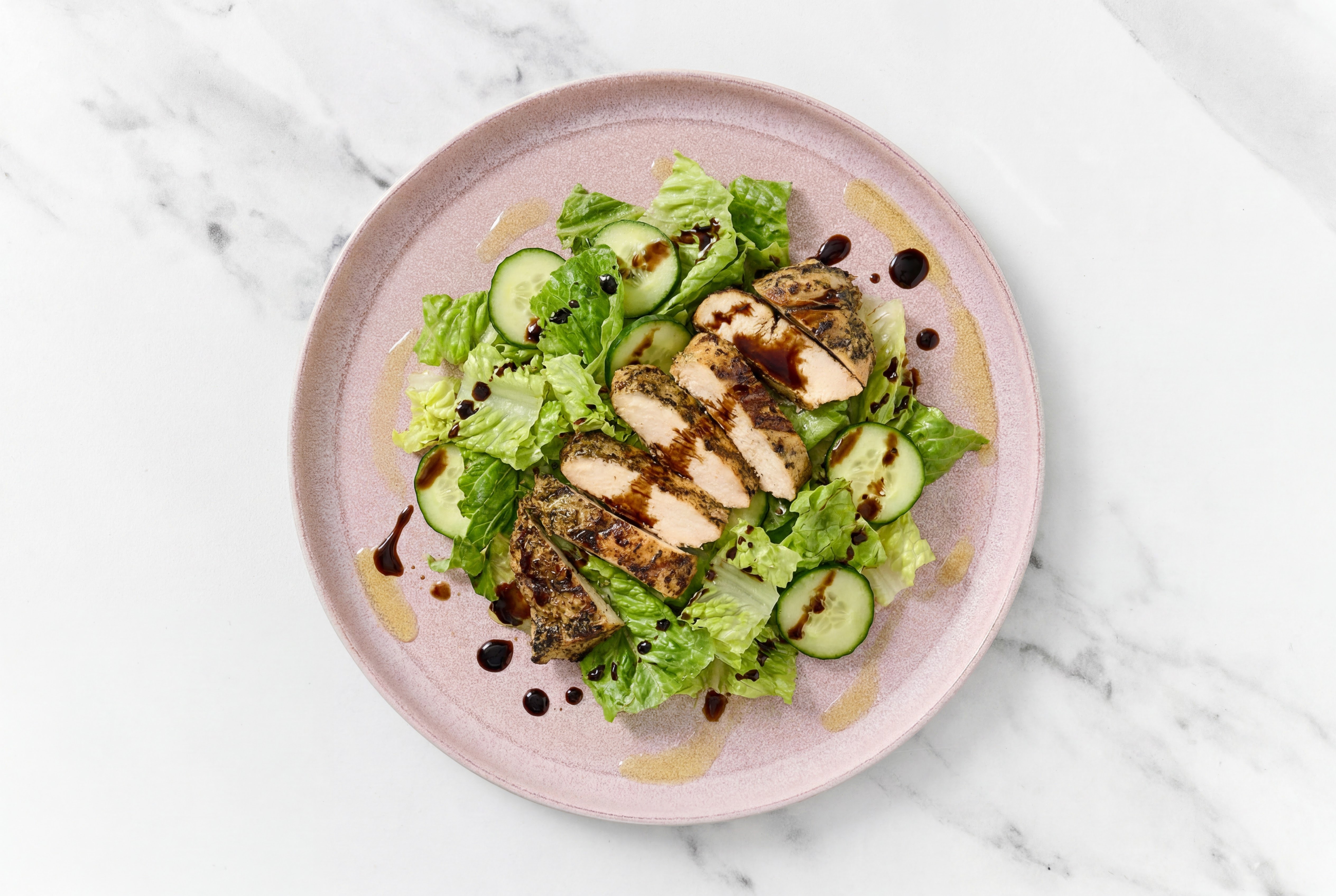 Grilled Chicken + Cucumber Salad with Baby Romaine + Balsamic Drizzle