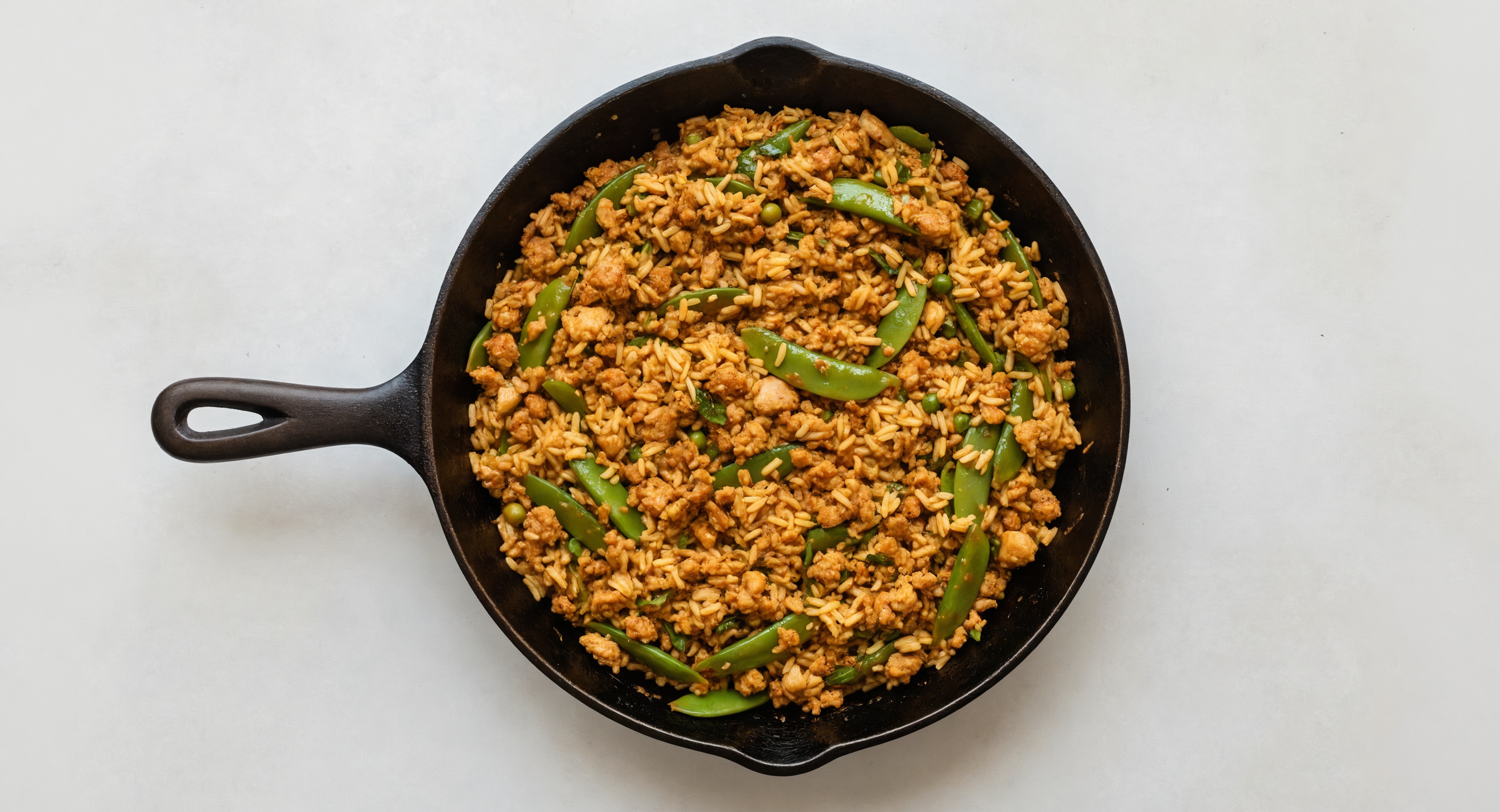 Sesame Ginger Pea Snap + Ground Turkey Stir-Fry with Seasoned Jasmine Rice