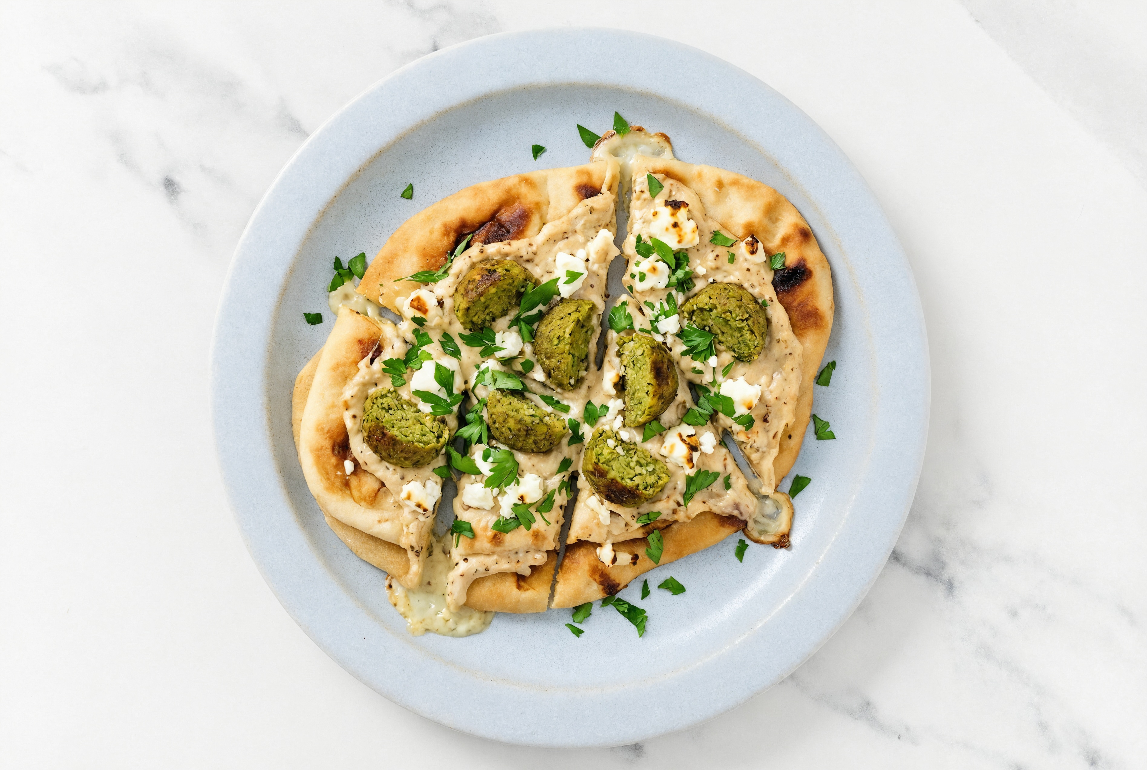 Sweet Onion  Falafel Naan Pizza with Sheep Cheese + Fresh Parsley
