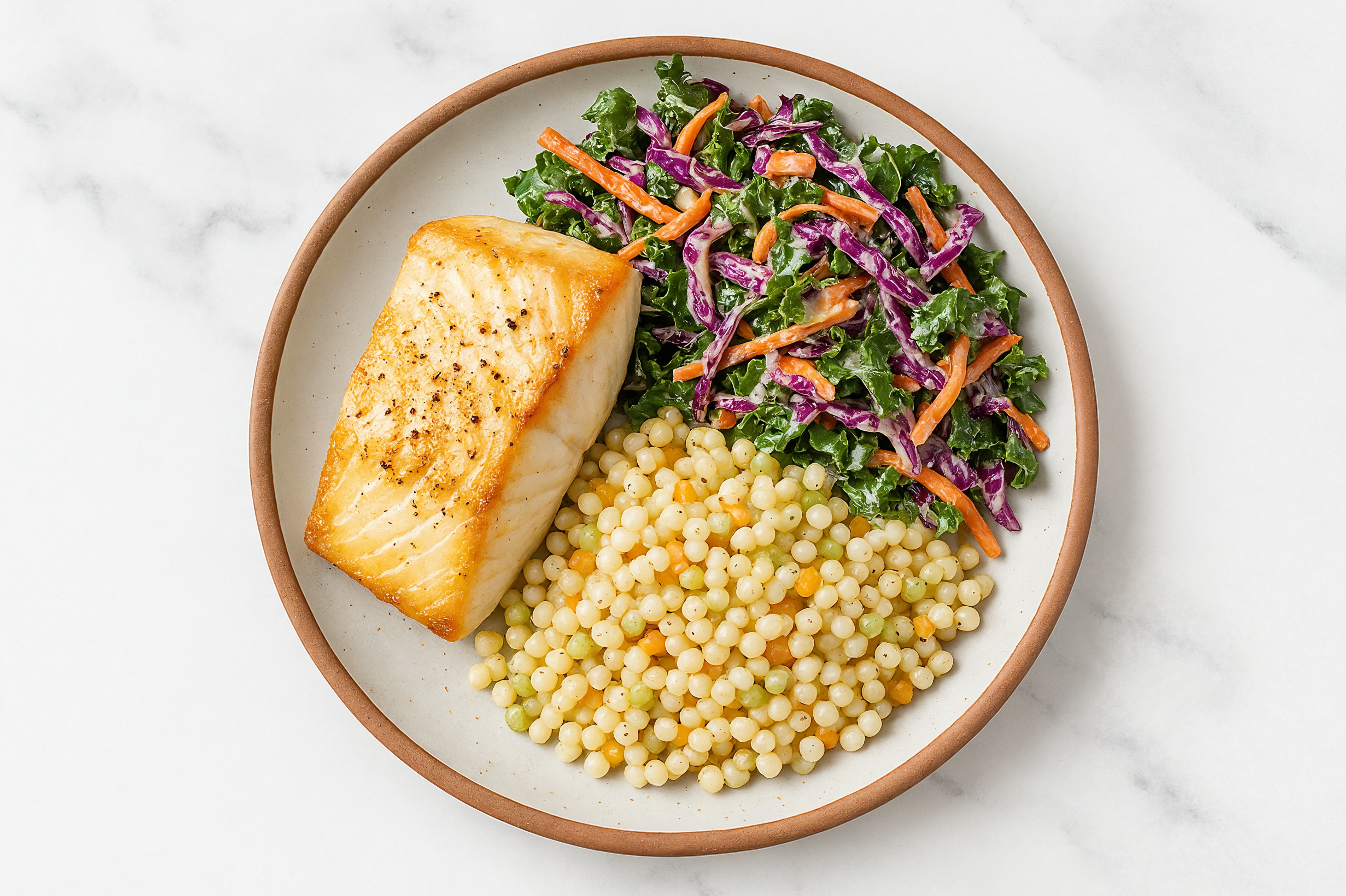 Creamy Asiago Halibut + Rainbow Couscous