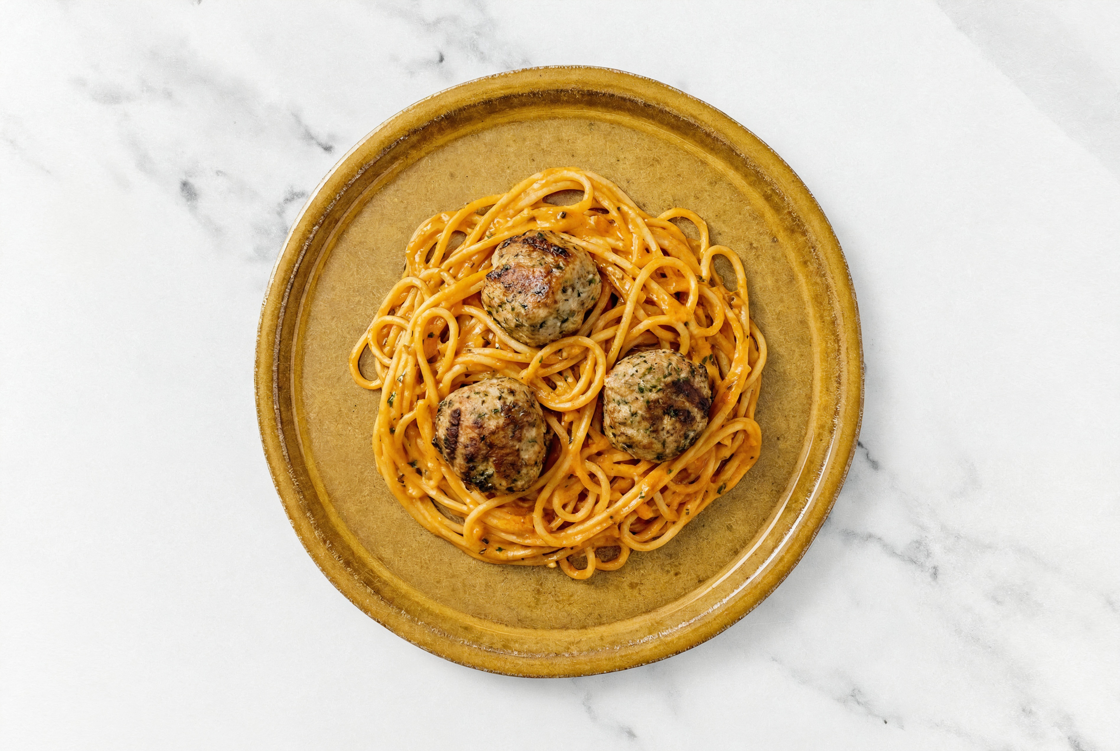 Vodka Sauce Gluten Free Spaghetti with Cooked + Seasoned Turkey Meatballs