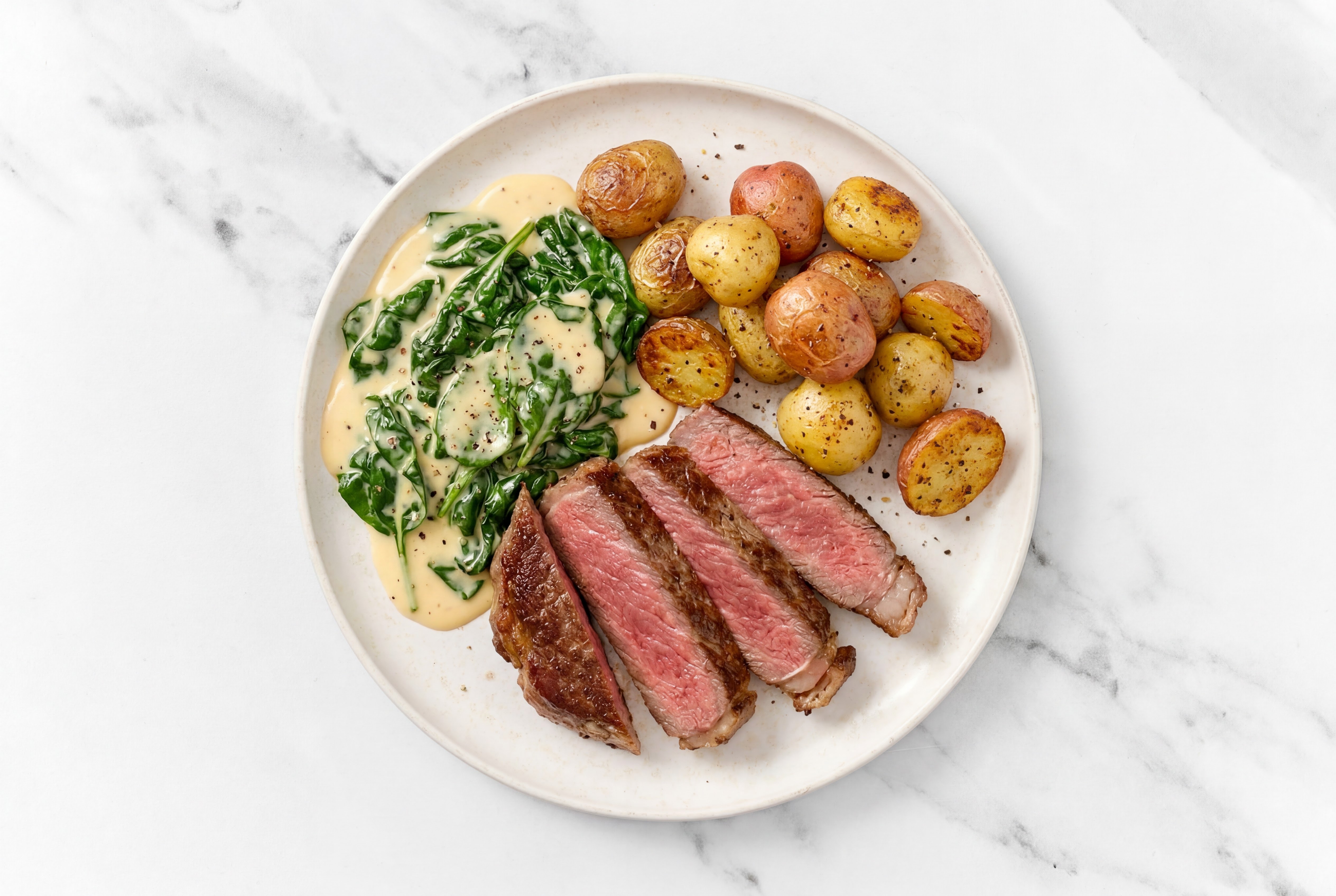 Wagyu Ribeye Steak with Roasted Potatoes + Cheesy Baby Spinach