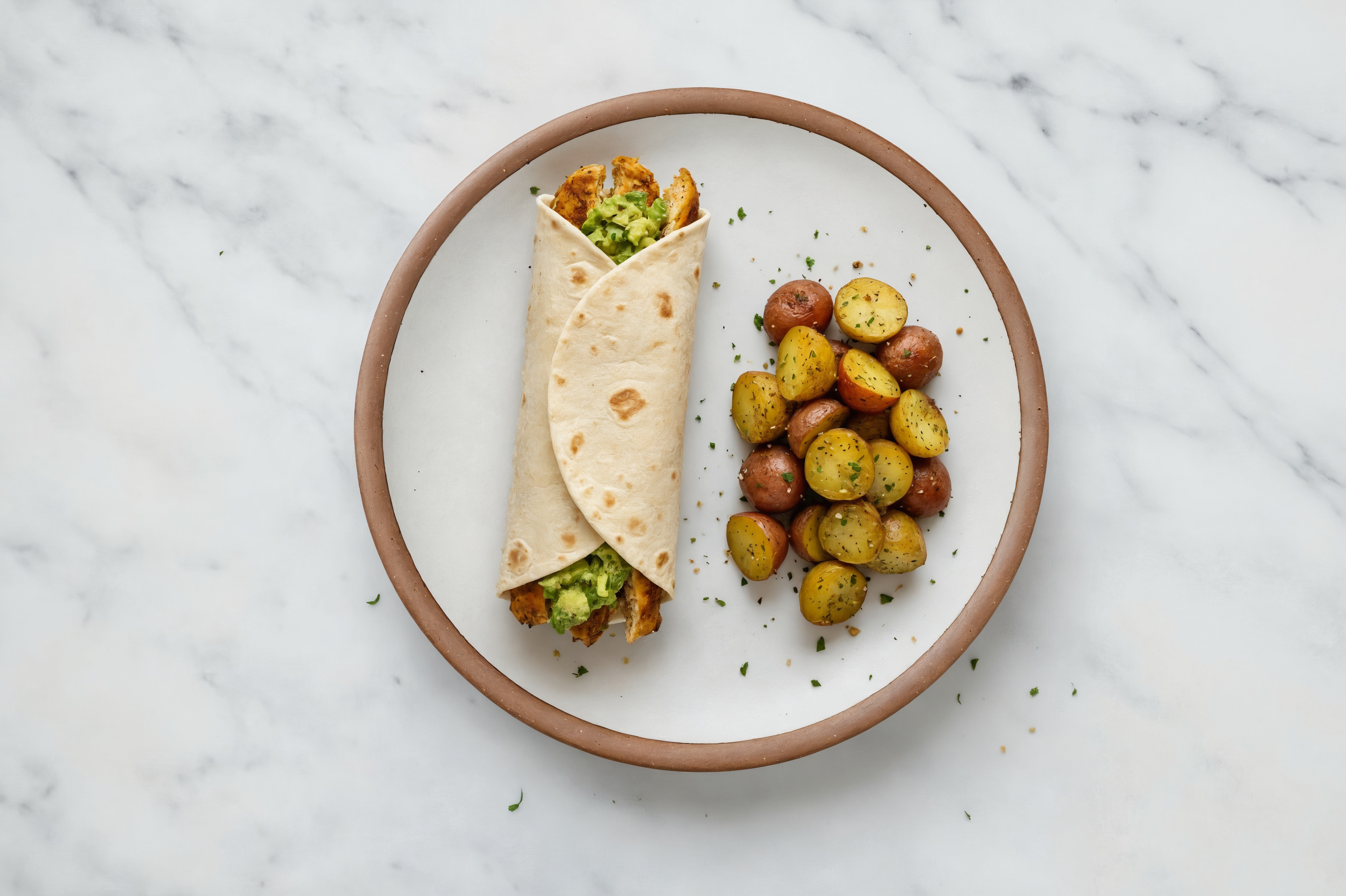 Southwest Avocado + Chicken Wraps with Garlic Potatoes