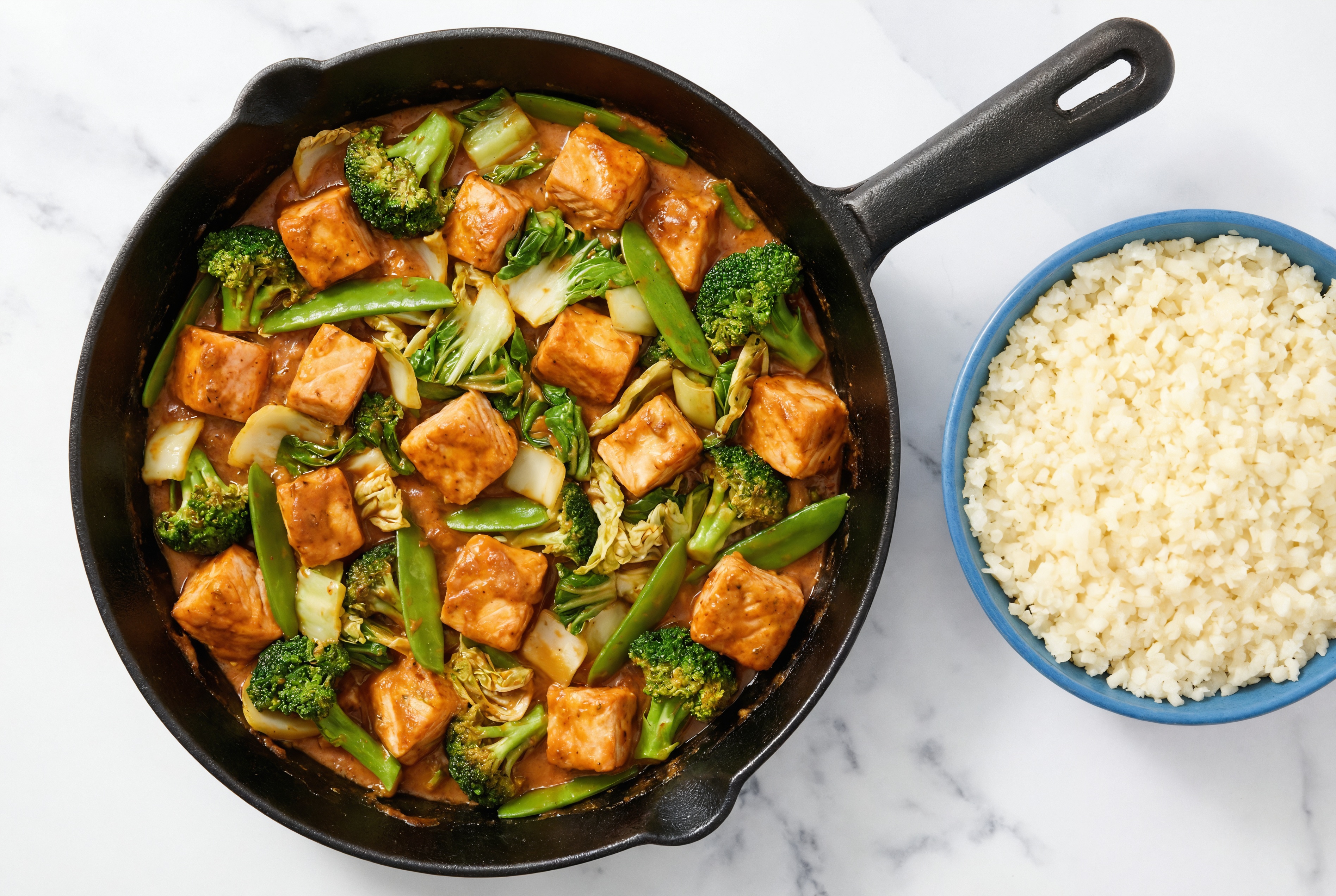 Tikka Masala Salmon Stir-Fry with Bok Choy over Riced Cauliflower