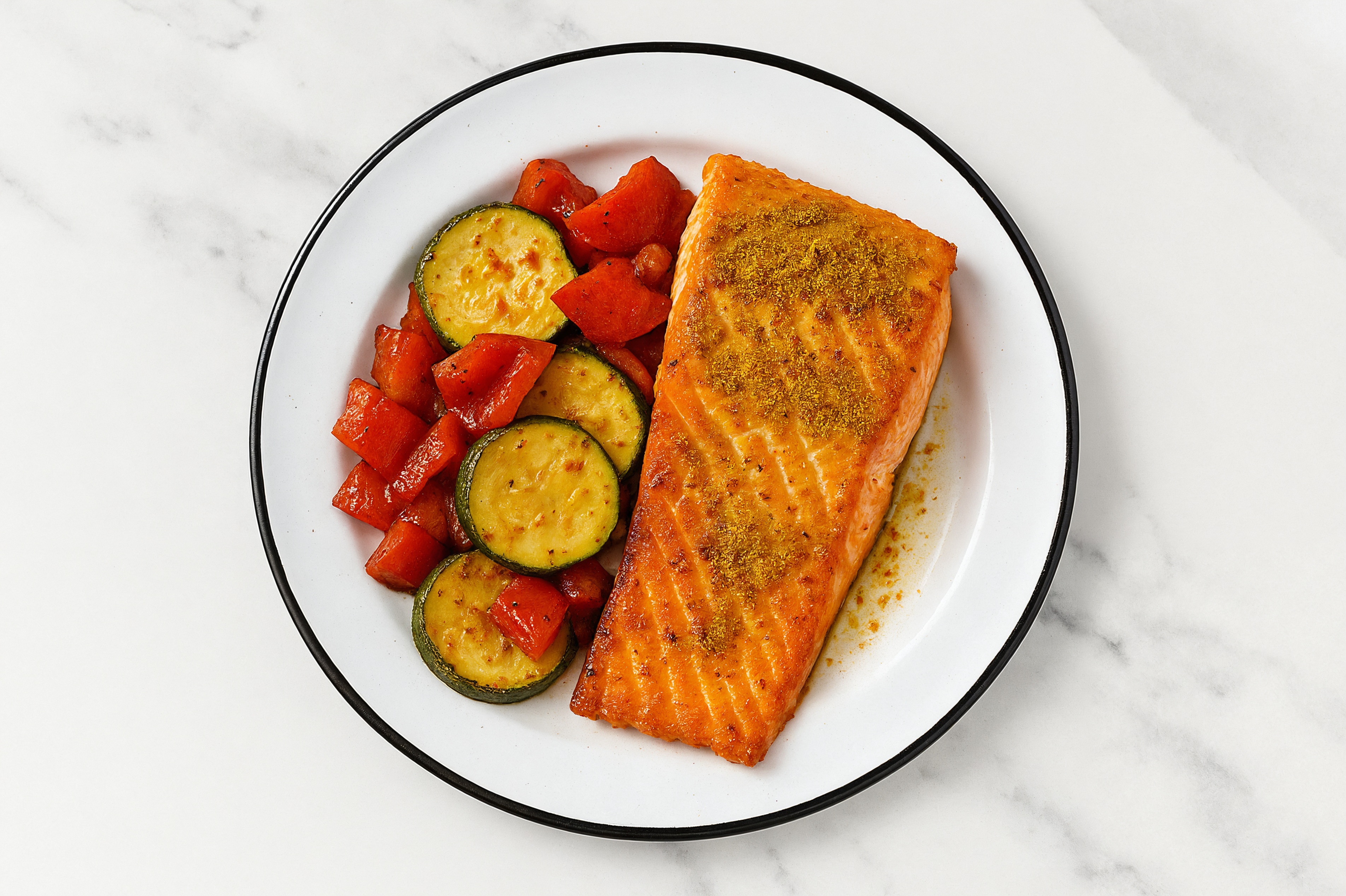 Curry Sockeye Salmon with Sautéed Peppers + Zucchini