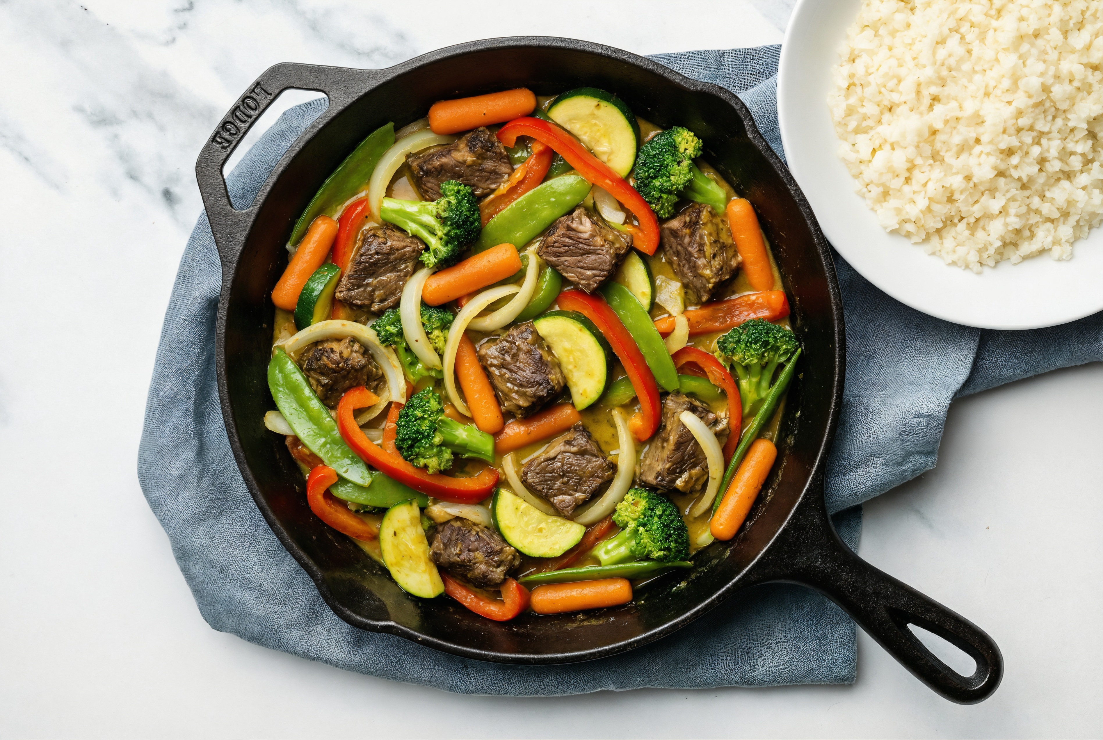 Coconut Curry Short Rib Stir-Fry with Mixed Veggies over Riced Cauliflower