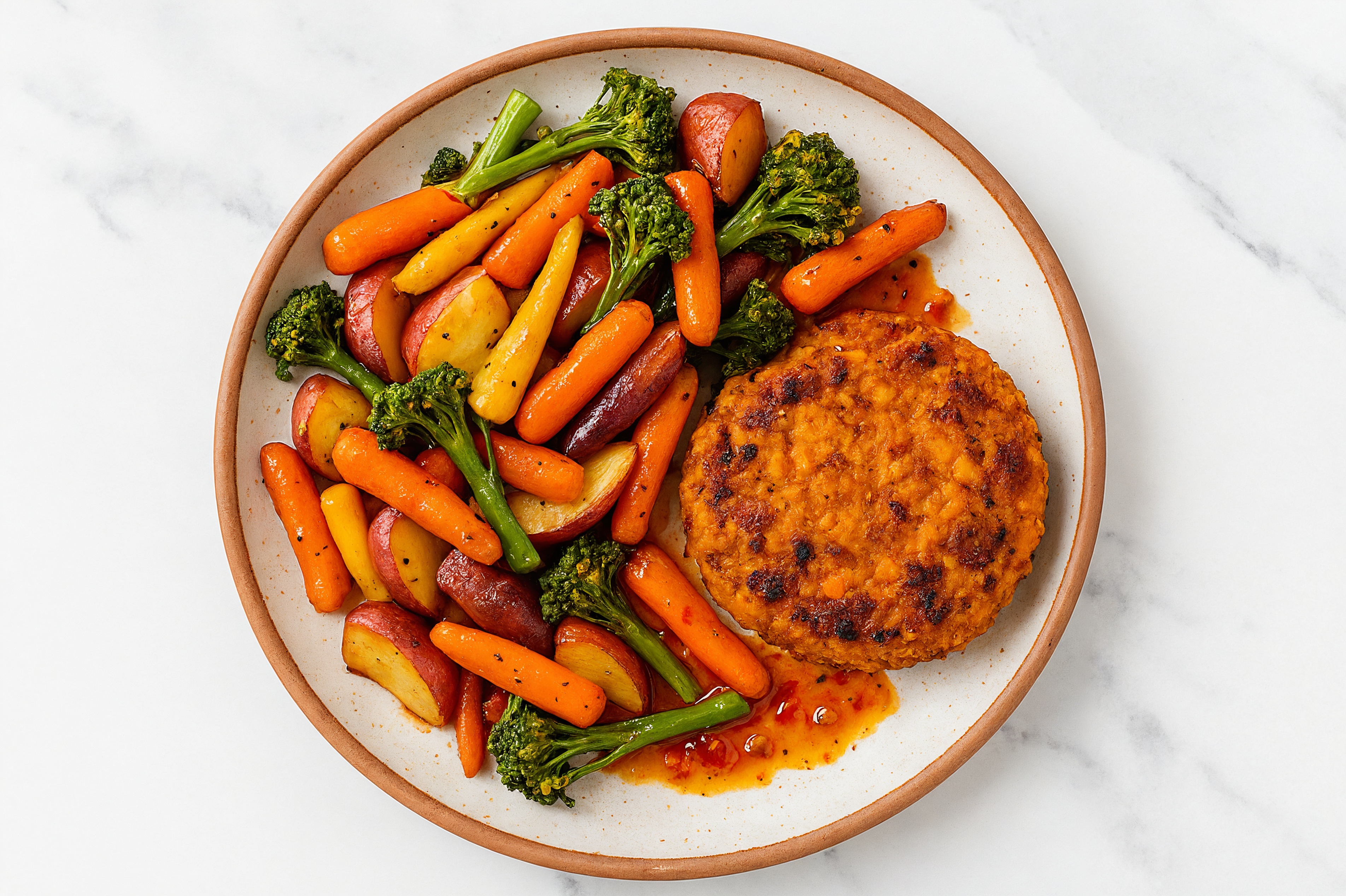Roasted Carrots + Red Potatoes with Sweet Chili Lime, Veggie Potato Burger Patties Plate