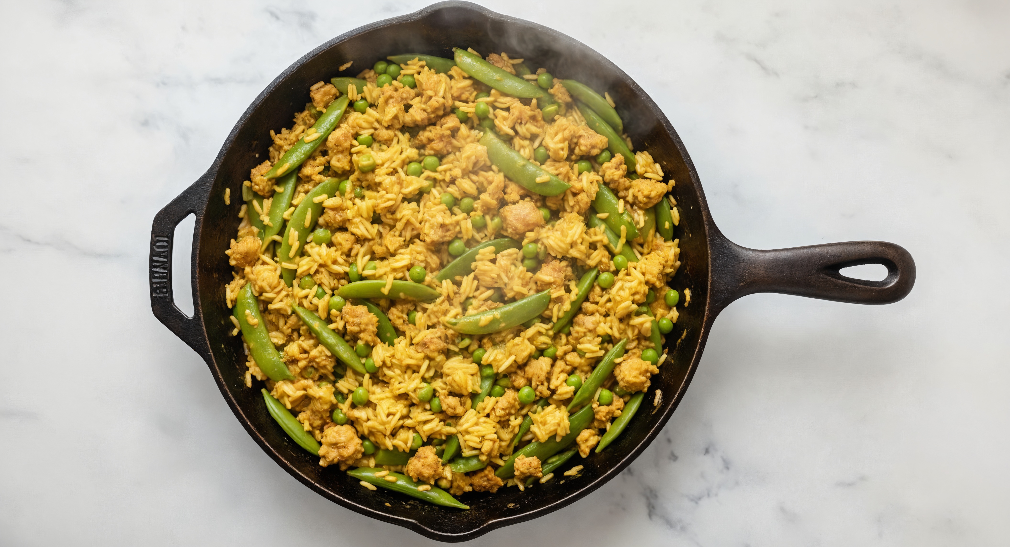 Curry Pea Snap + Ground Turkey Stir-Fry with Seasoned Jasmine Rice