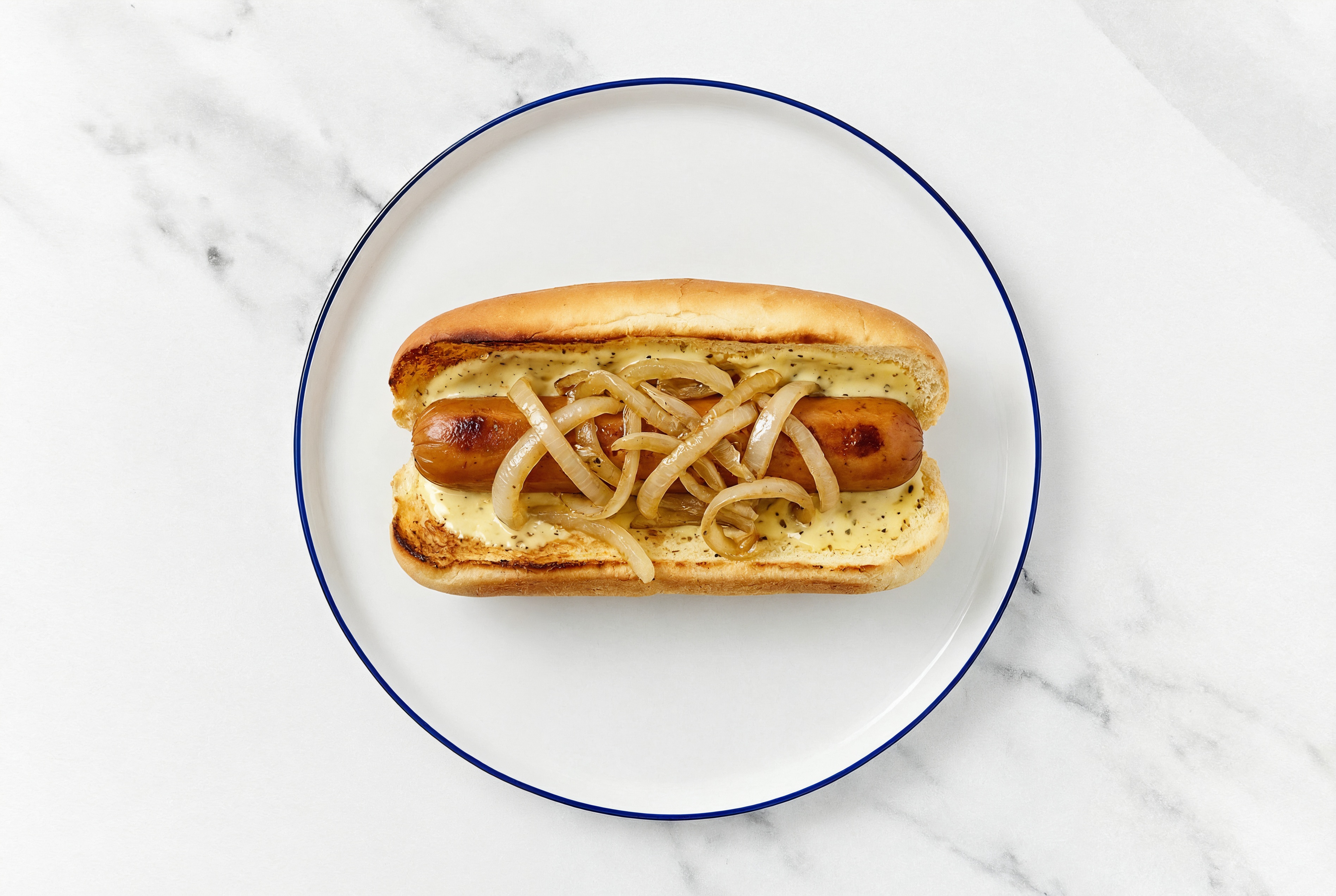 Carmelized Onion Smart Dog with Honey Musard Garlic Sauce on Brioche