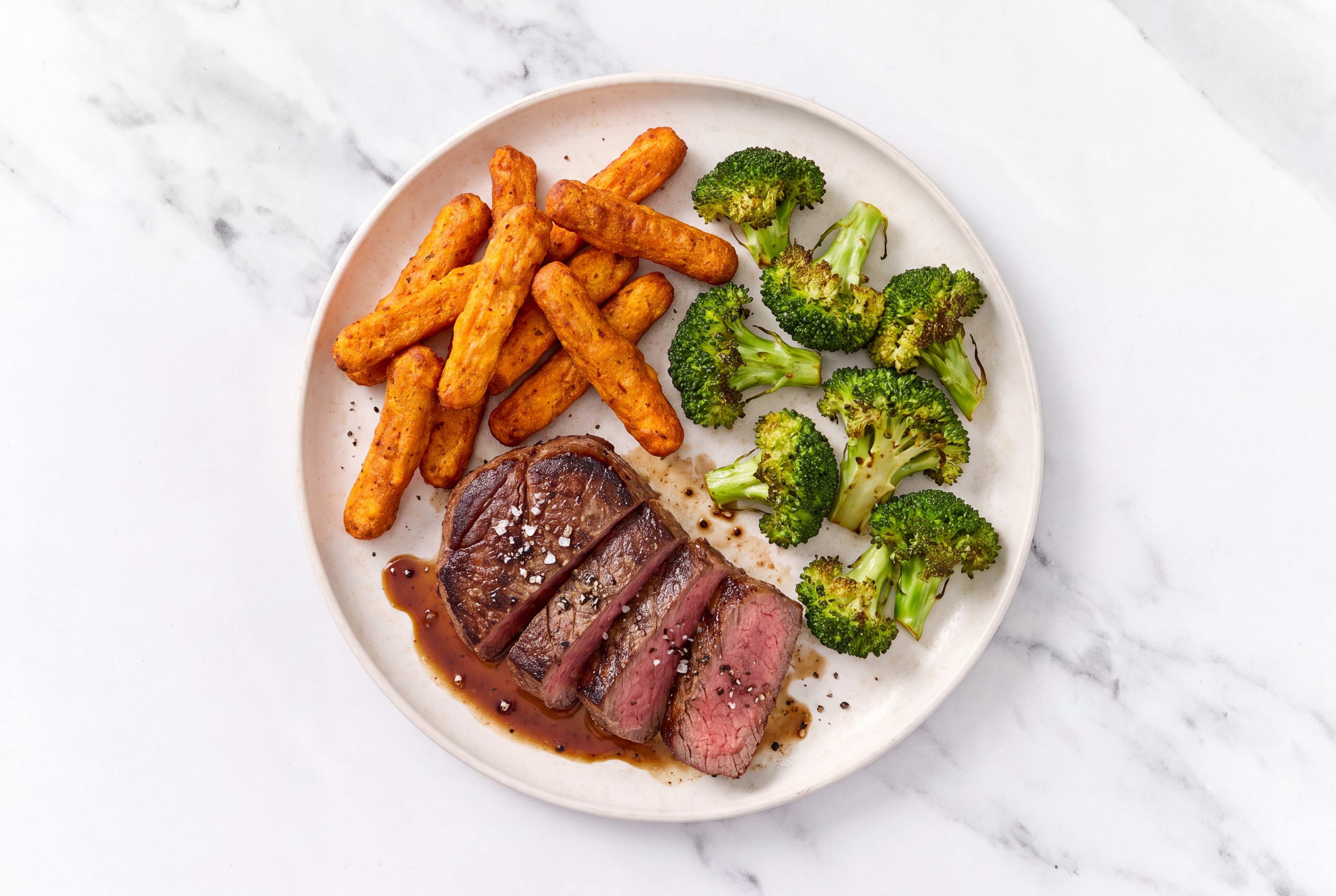 Wagyu Filet Mignon + Sweet Potato Fries with Broccoli Florets