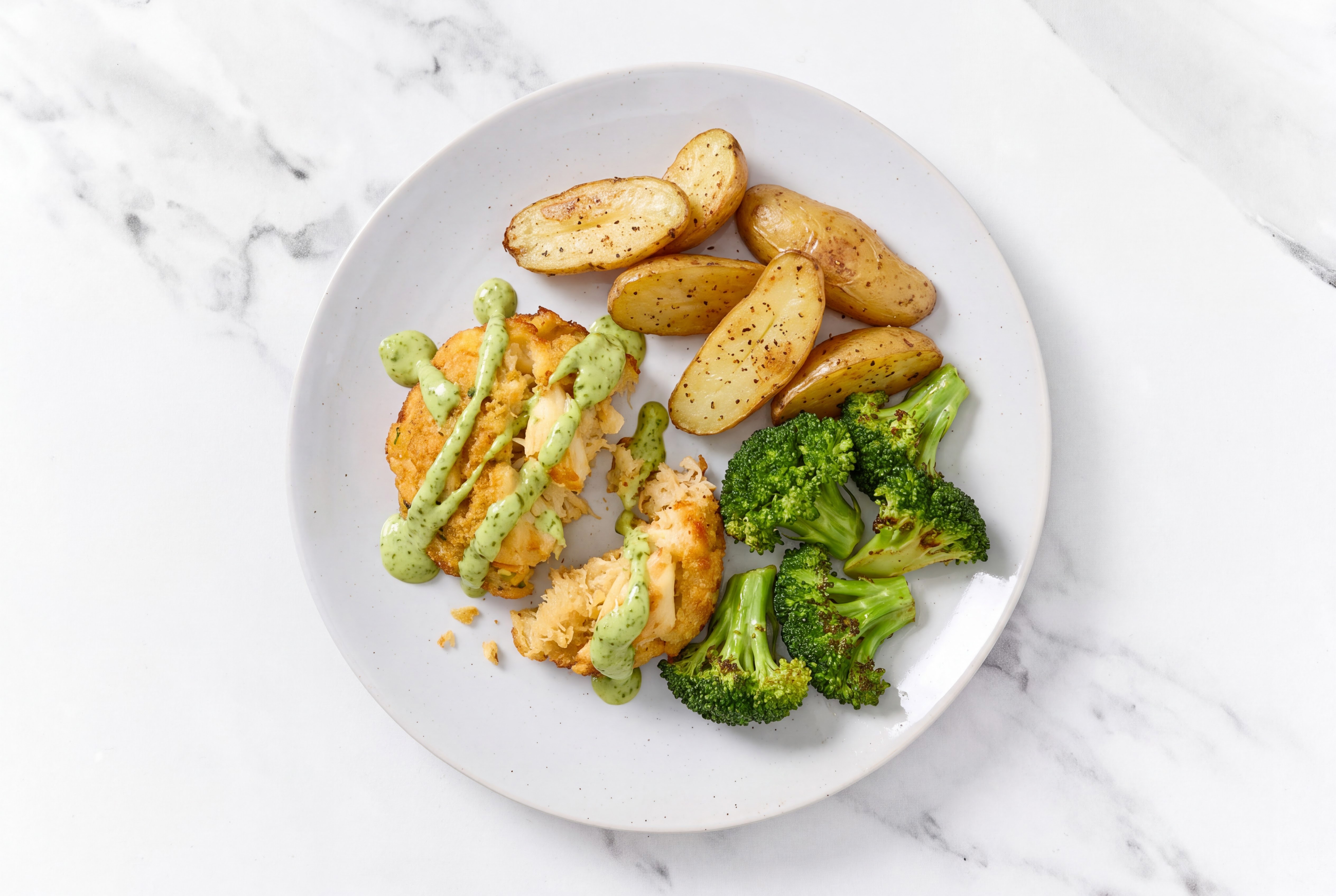 Creamy Herb Jumbo Lump Crab Cakes with Fingerlings + Broccoli