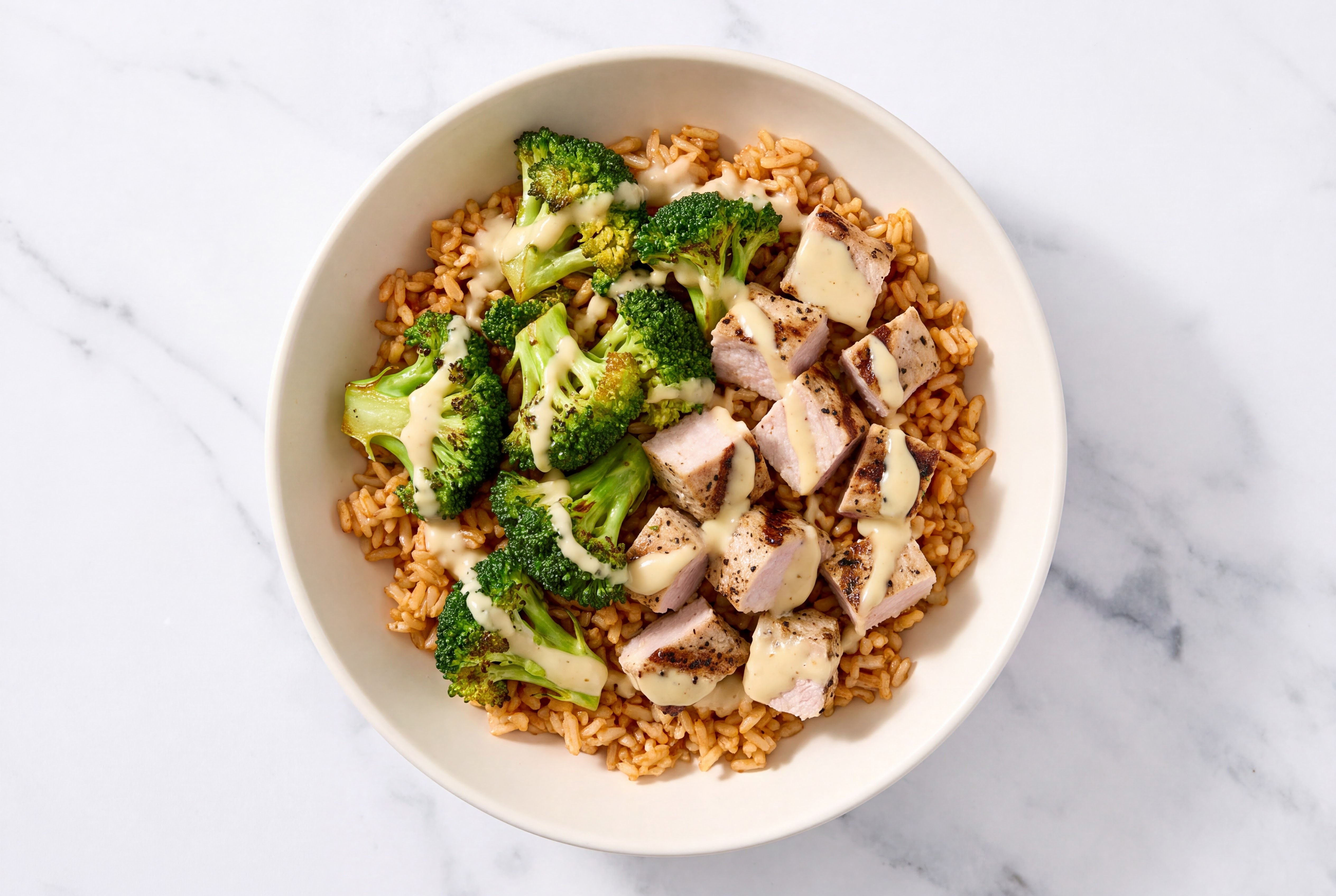 Herby Creamy Pork Chop Brown Rice Bowl with Miso Caesar Dressing & Drizzle
