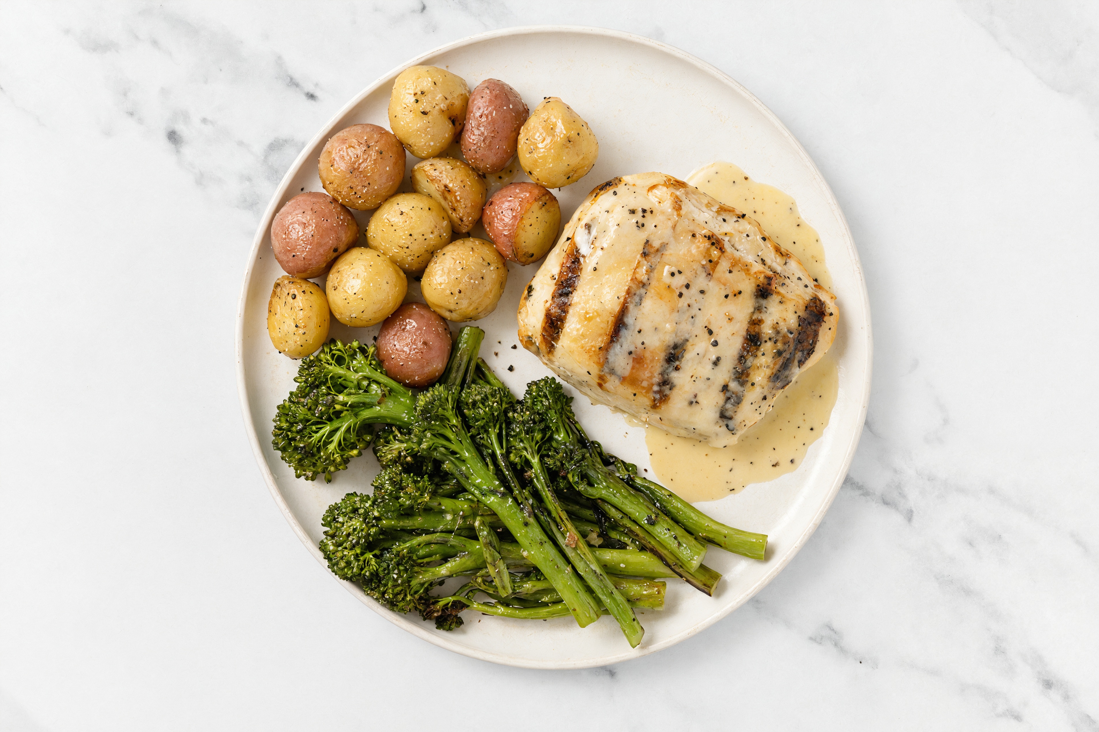 Creamy Asiago Seasoned Grilled Chicken Breast with Broccoli + Potatoes
