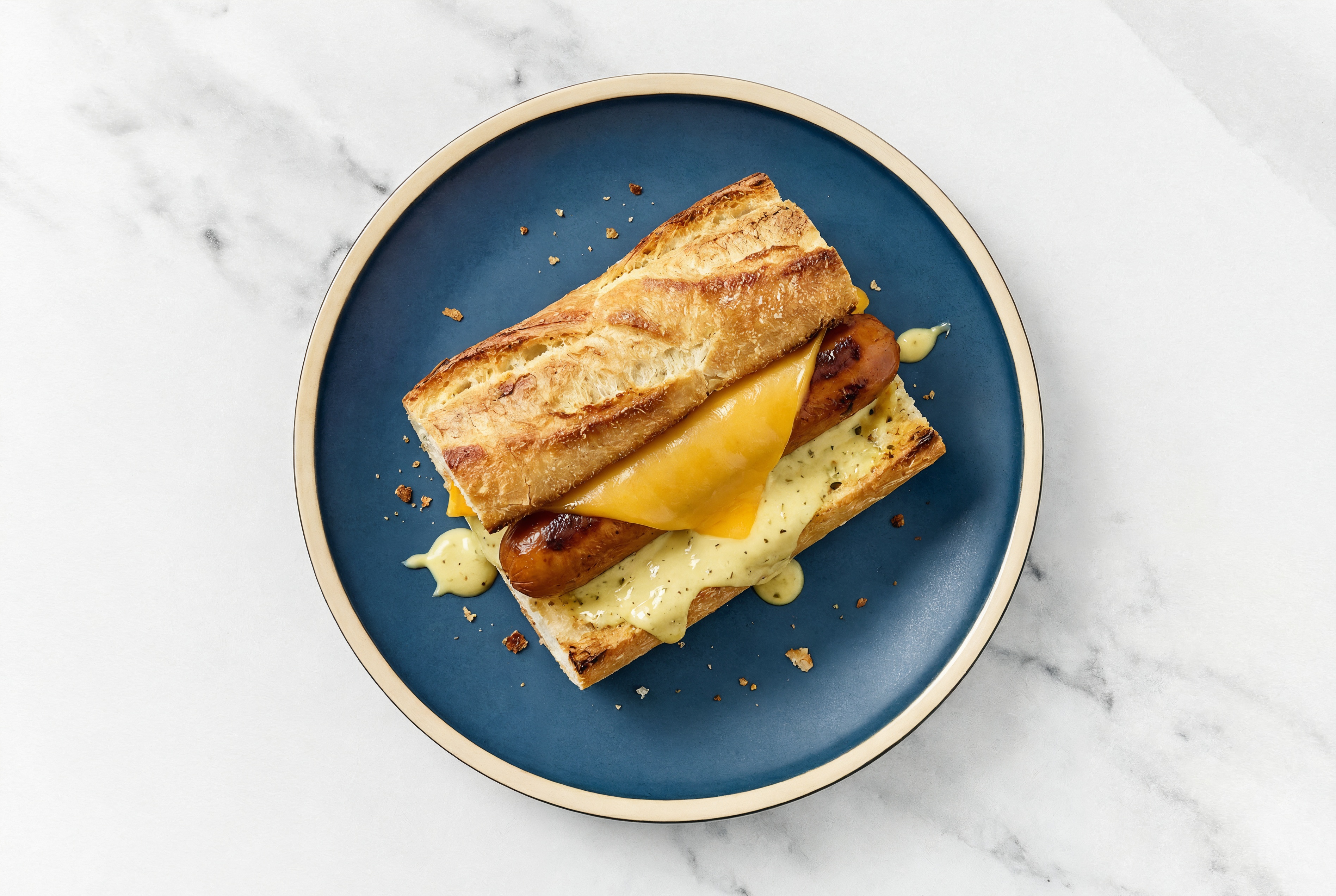 Cheddar Smart Dog with Honey Musard Garlic Sauce on Baguette