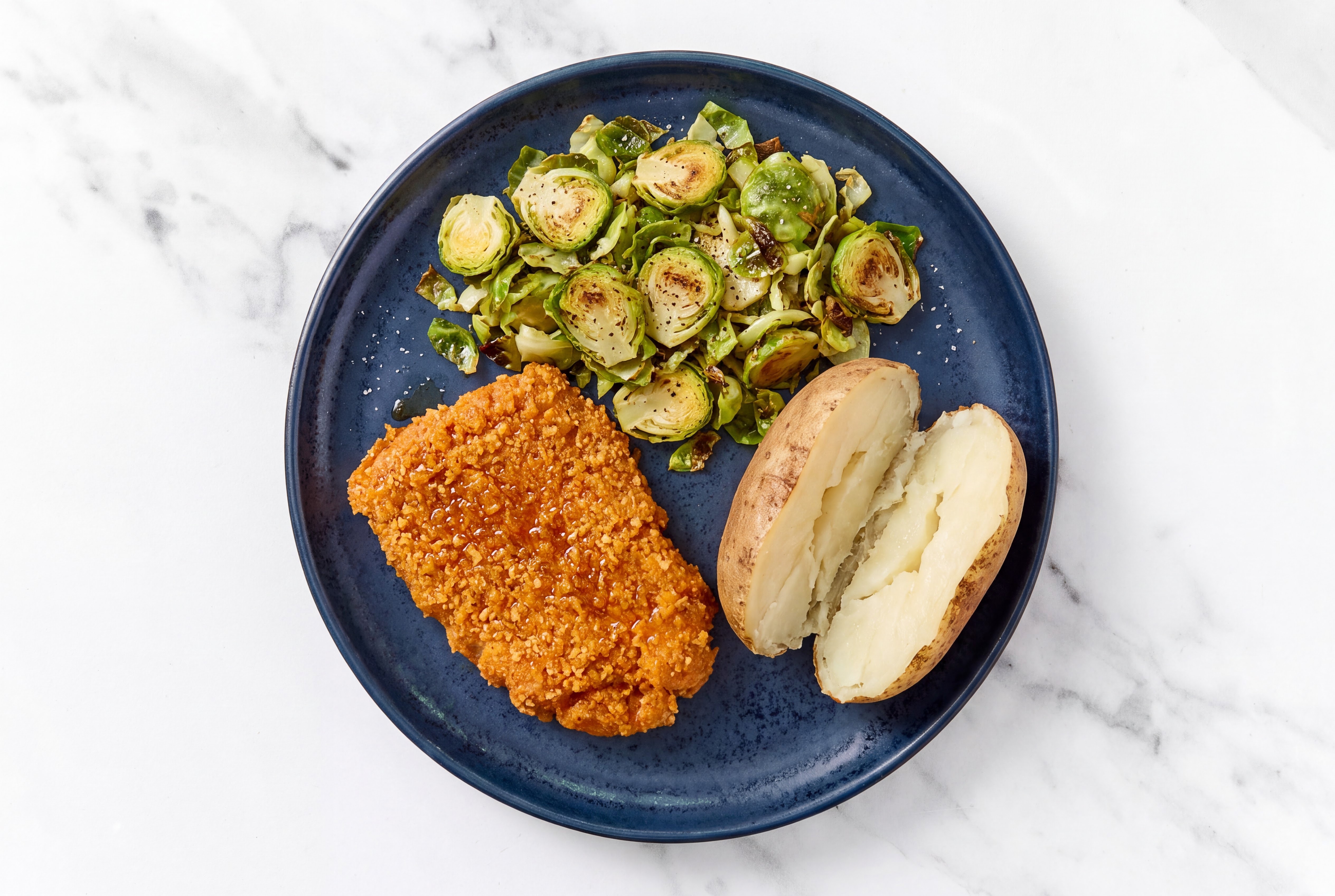 Hot Honey Breaded Chicken Cutlet with Brussels Sprouts & Russet Potato