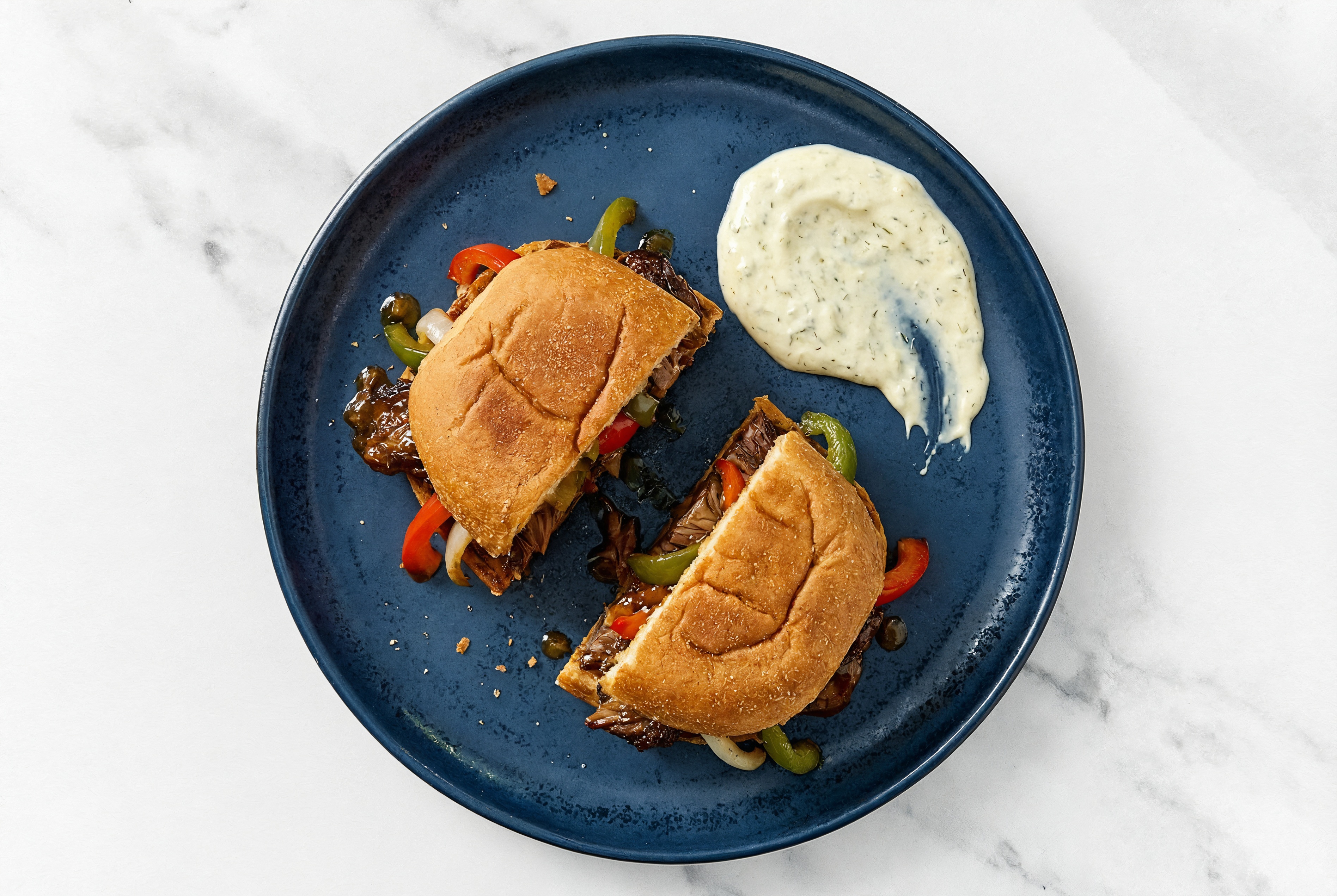 Dill Pickle Beef Short Rib Sandwich with Peppers + Onion on Gluten-Free Buns