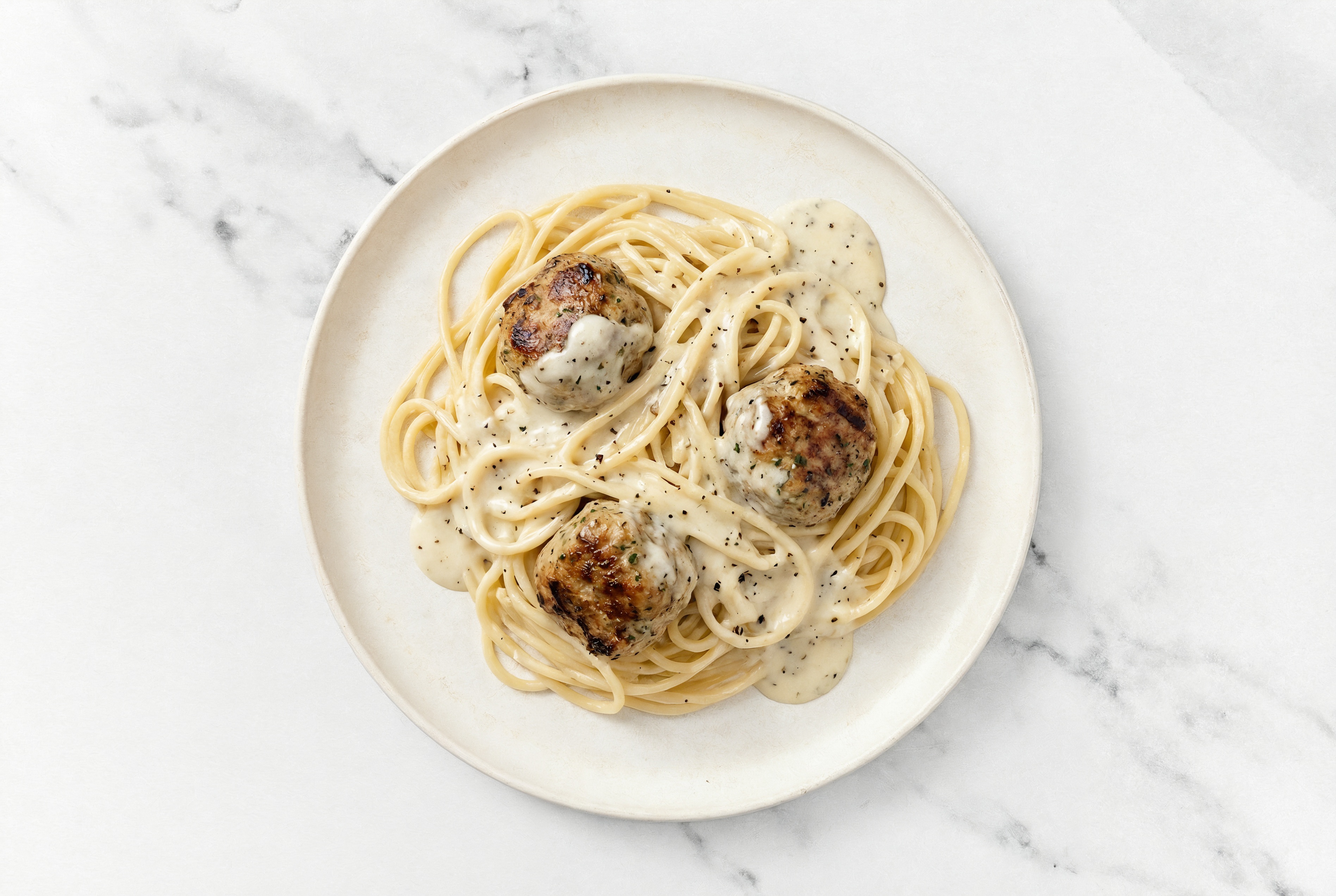 Alfredo Gluten Free Spaghetti with Cooked + Seasoned Turkey Meatballs