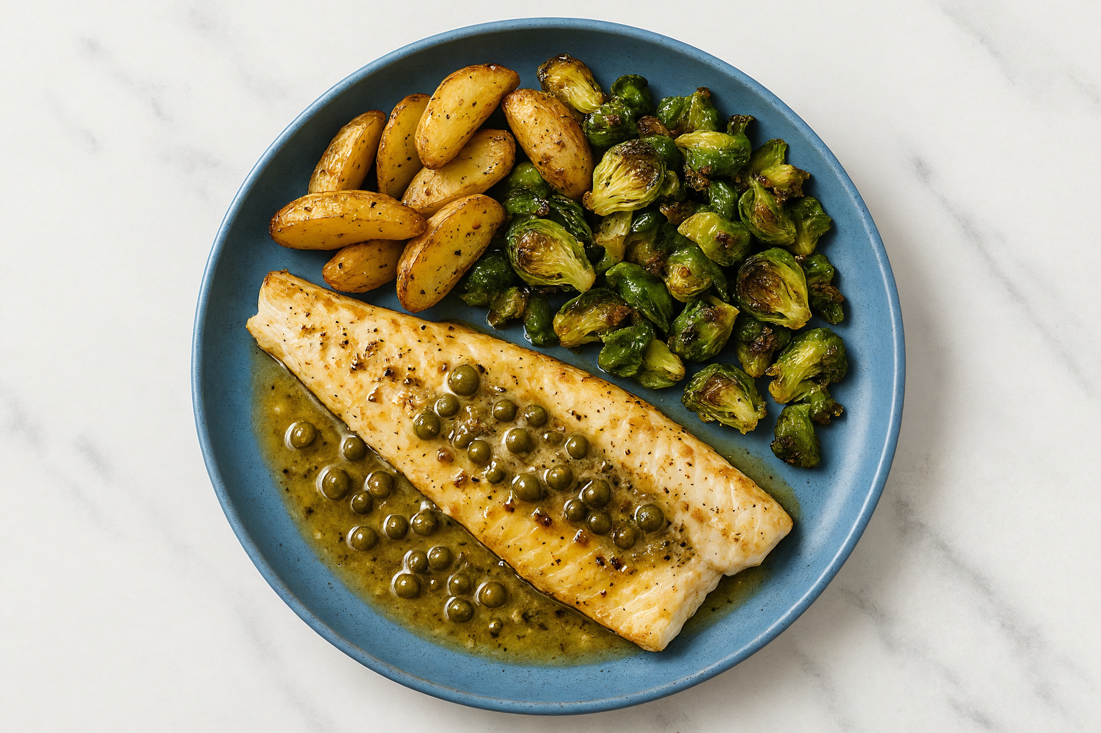 Caper-Slow Churned Lemon & Peppercorn Pasture Butter Trout with Fingerling Potatoes & Brussels
