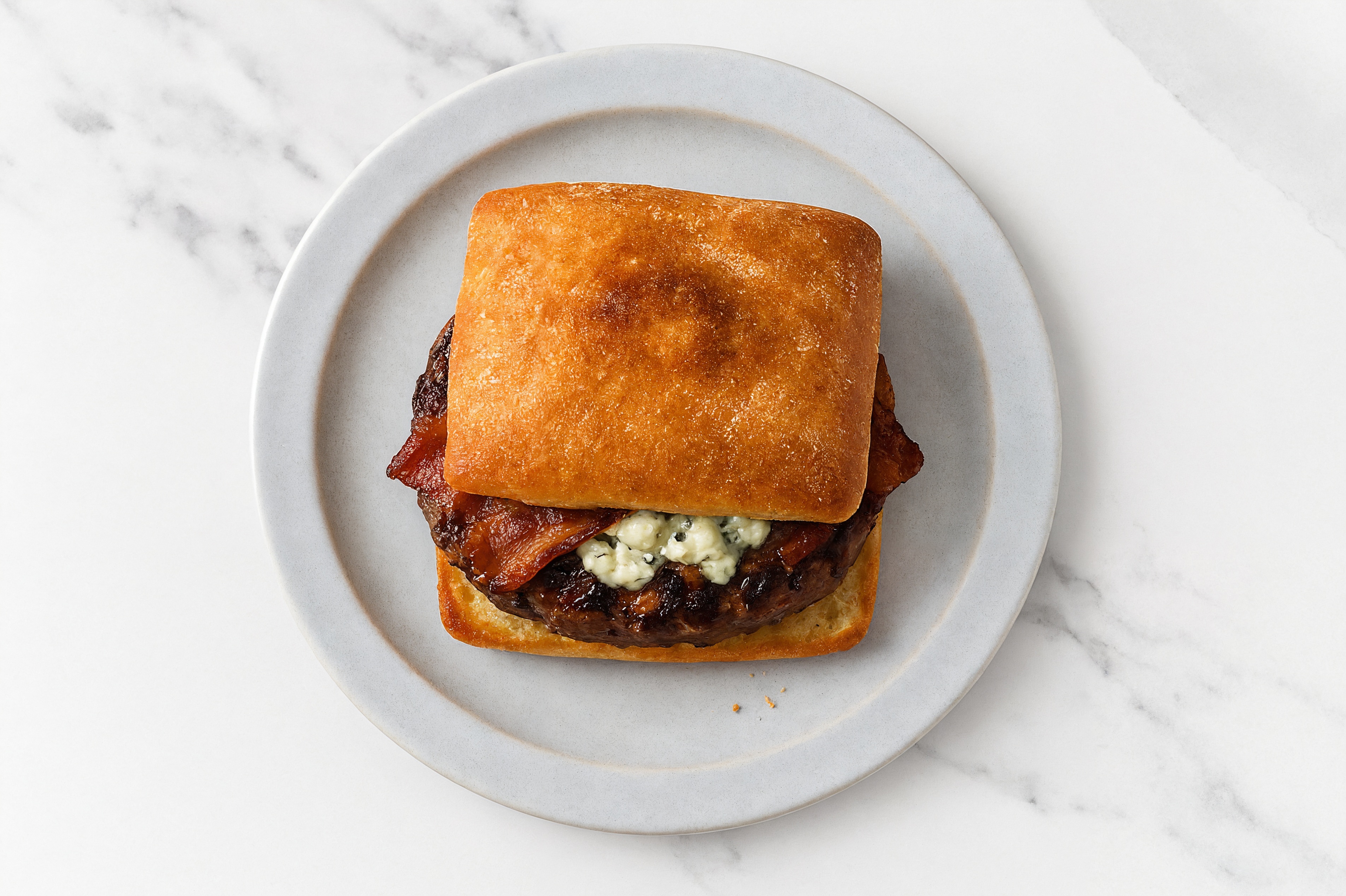 Blue Cheese + Maple Bacon Cheeseburger on Ciabatta with Ground Beef Patties
