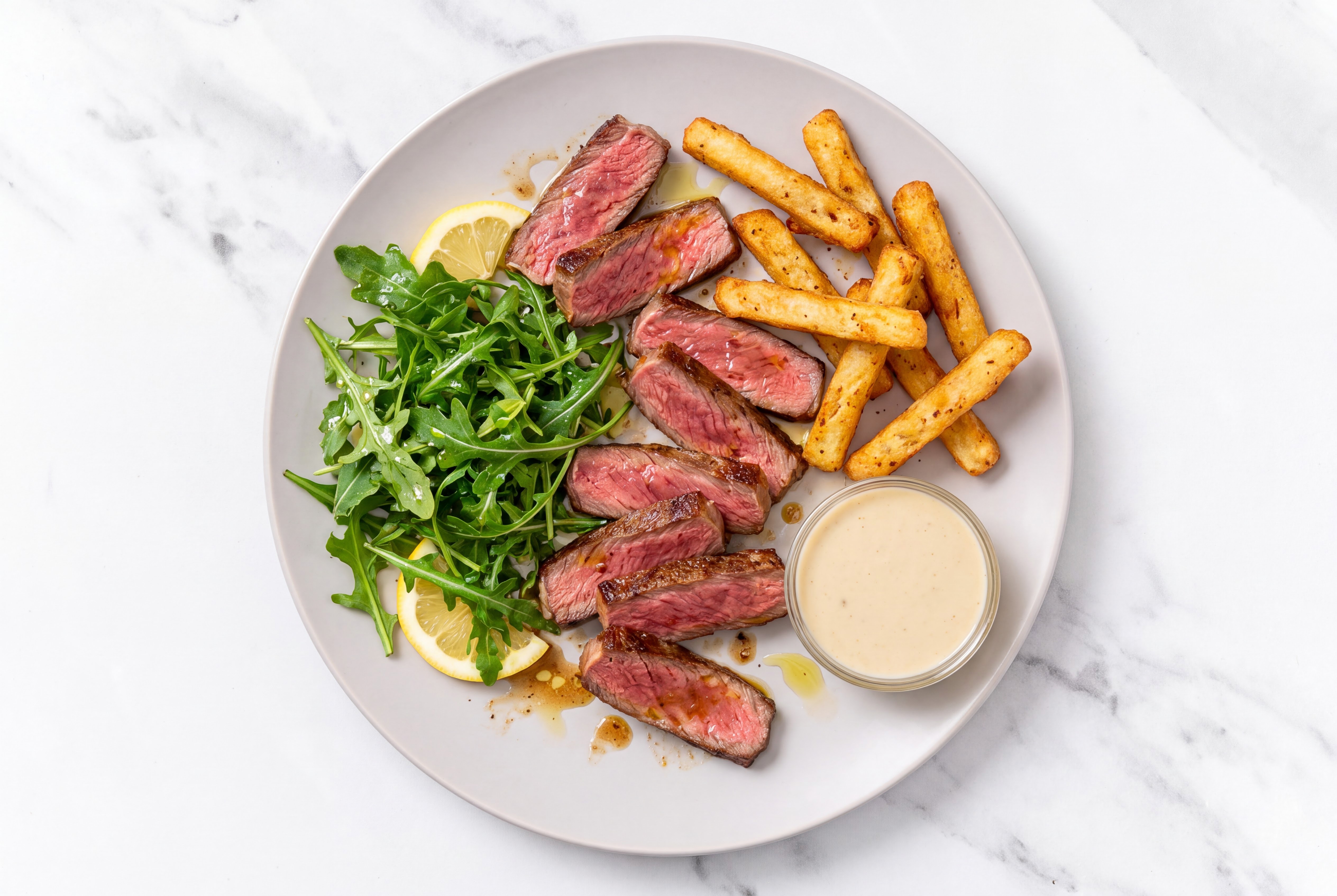 Wagyu Strip Steak + Super Veggie Fries with Miso Caesar