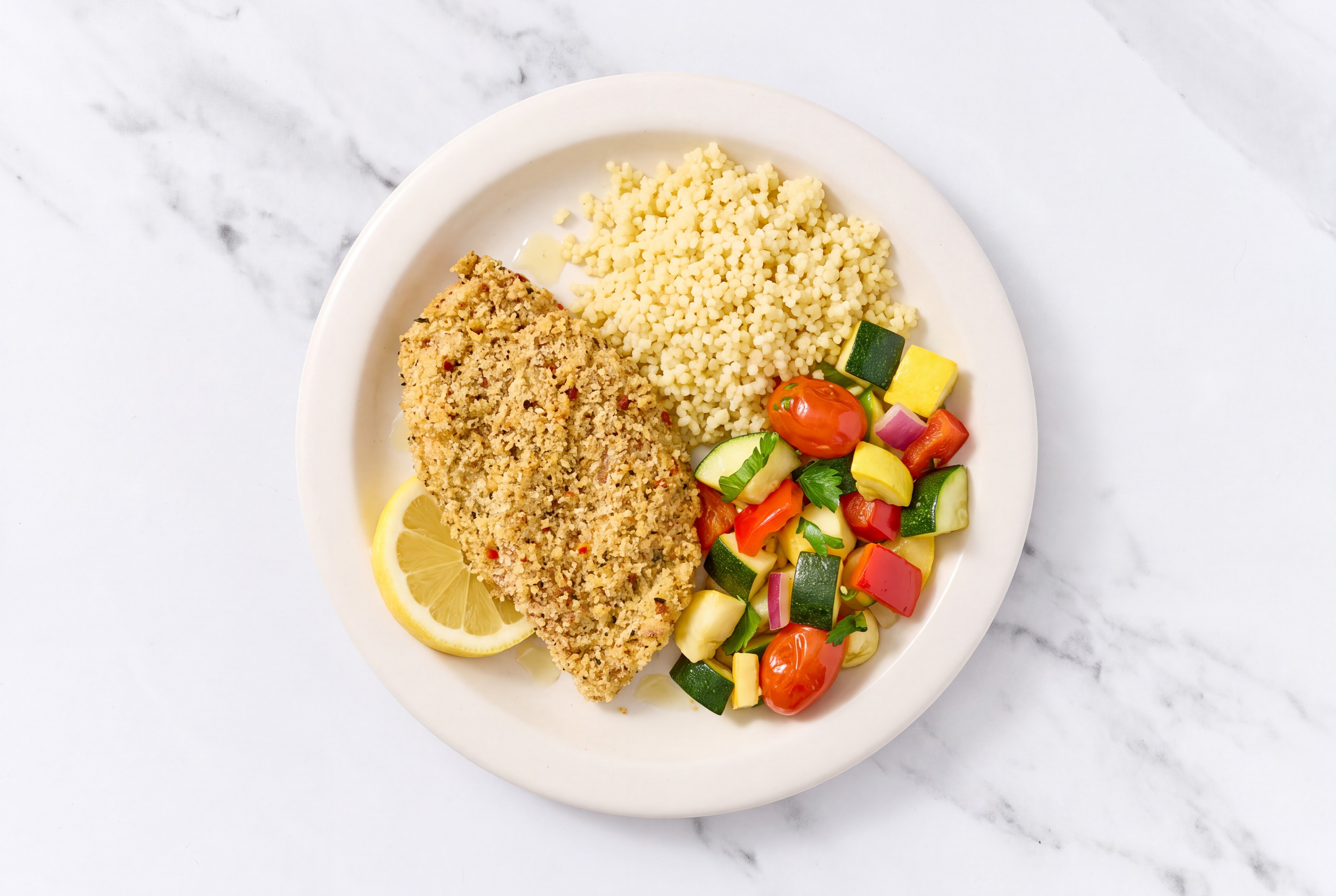 Lemon Parmesan Breaded Chicken Cutlet with Squash Skillet & Couscous