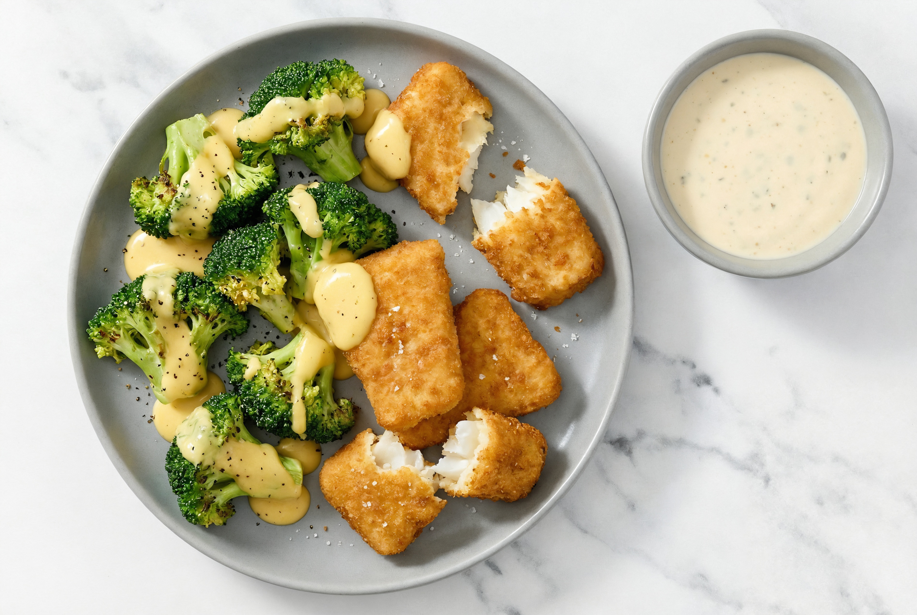 Oven Fried Fish + Cheesy Organic Broccoli with Buttermilk Ranch Dressing