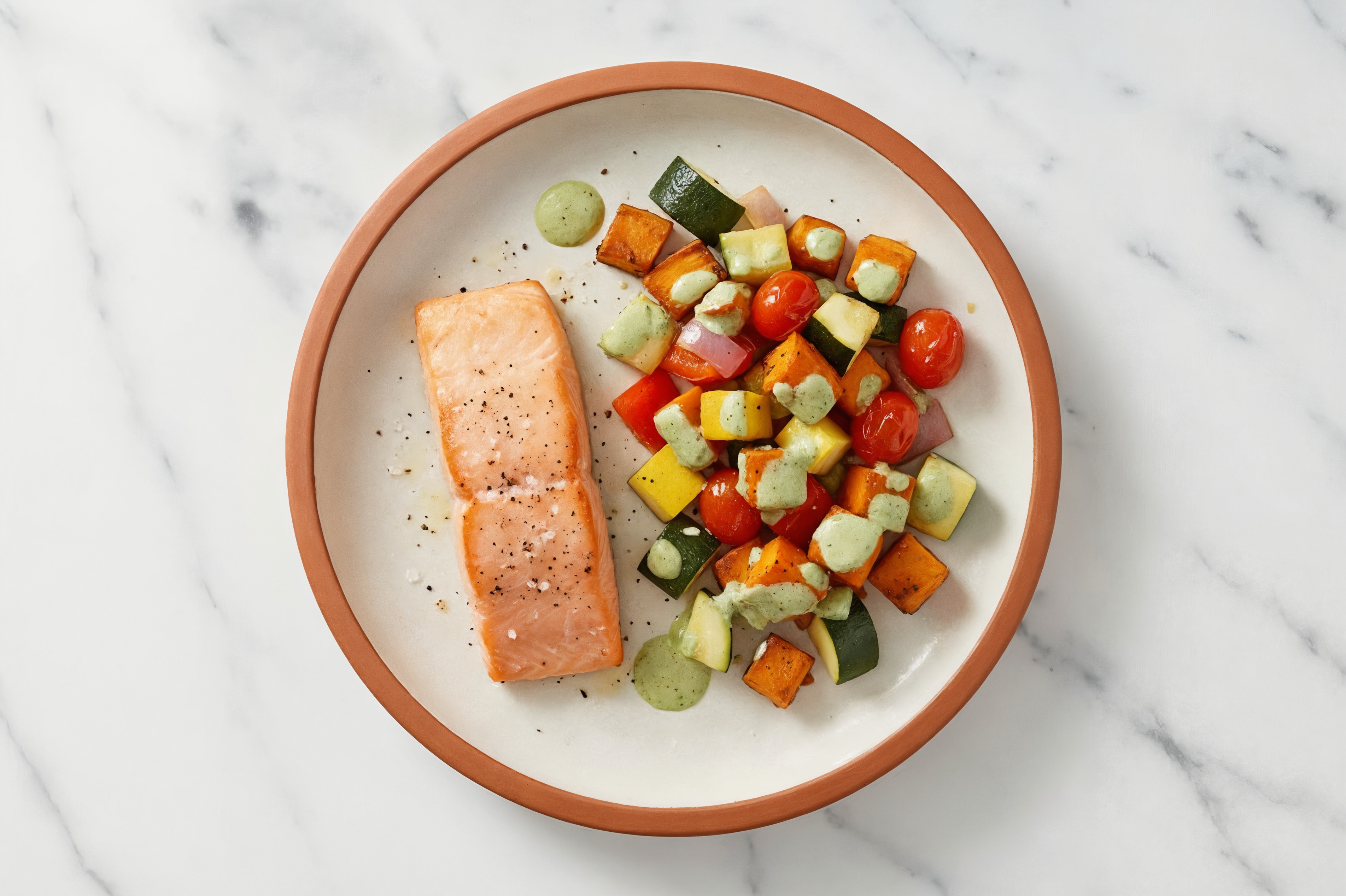 Sheet Pan Green Goddess-Salmon with Sweet Potatoes & Squash