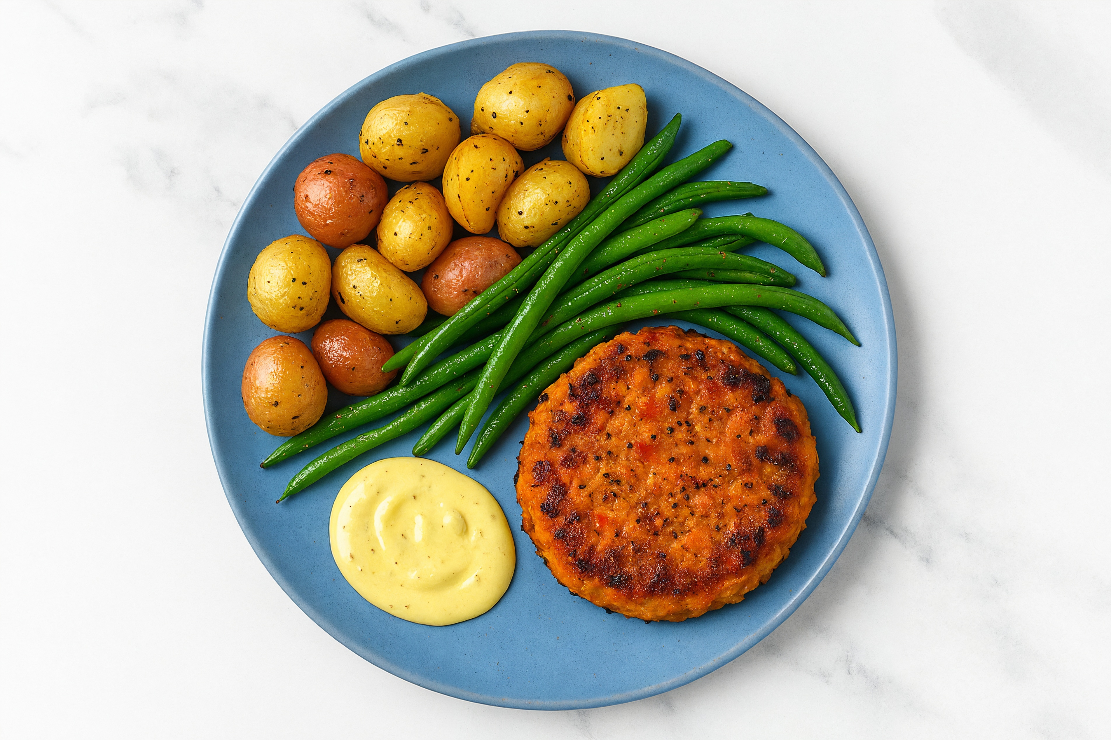 Veggie Sweet Potato Burger Patties Plate with Green Beans, Creamer Potatoes + a Dollop of Honey Mustard Garlic Sauce