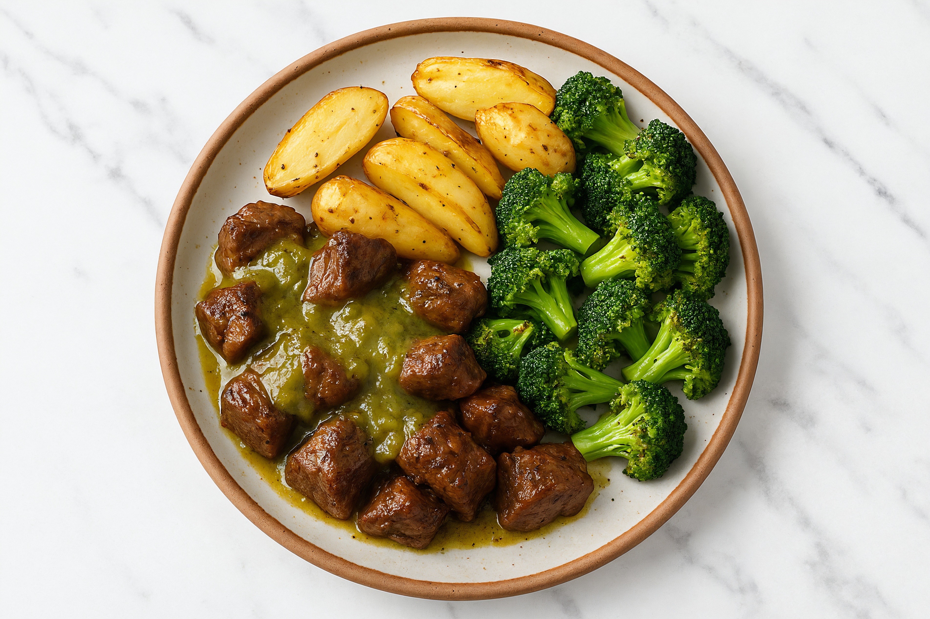 Green Chile Seared Bison with Fingerling Potatoes & Broccoli