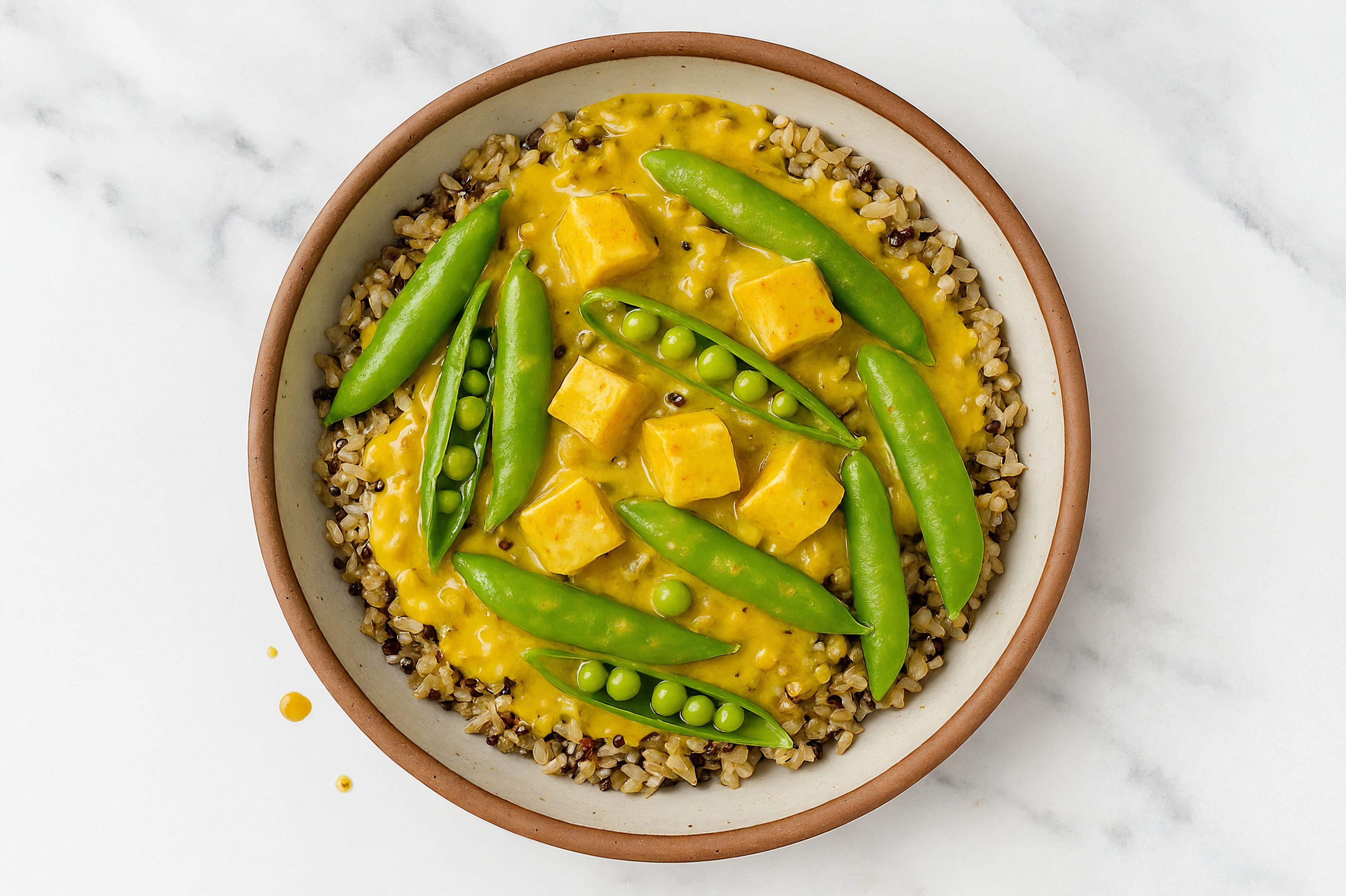 Curry Extra Firm Tofu + Pea Snaps Rice Bowl