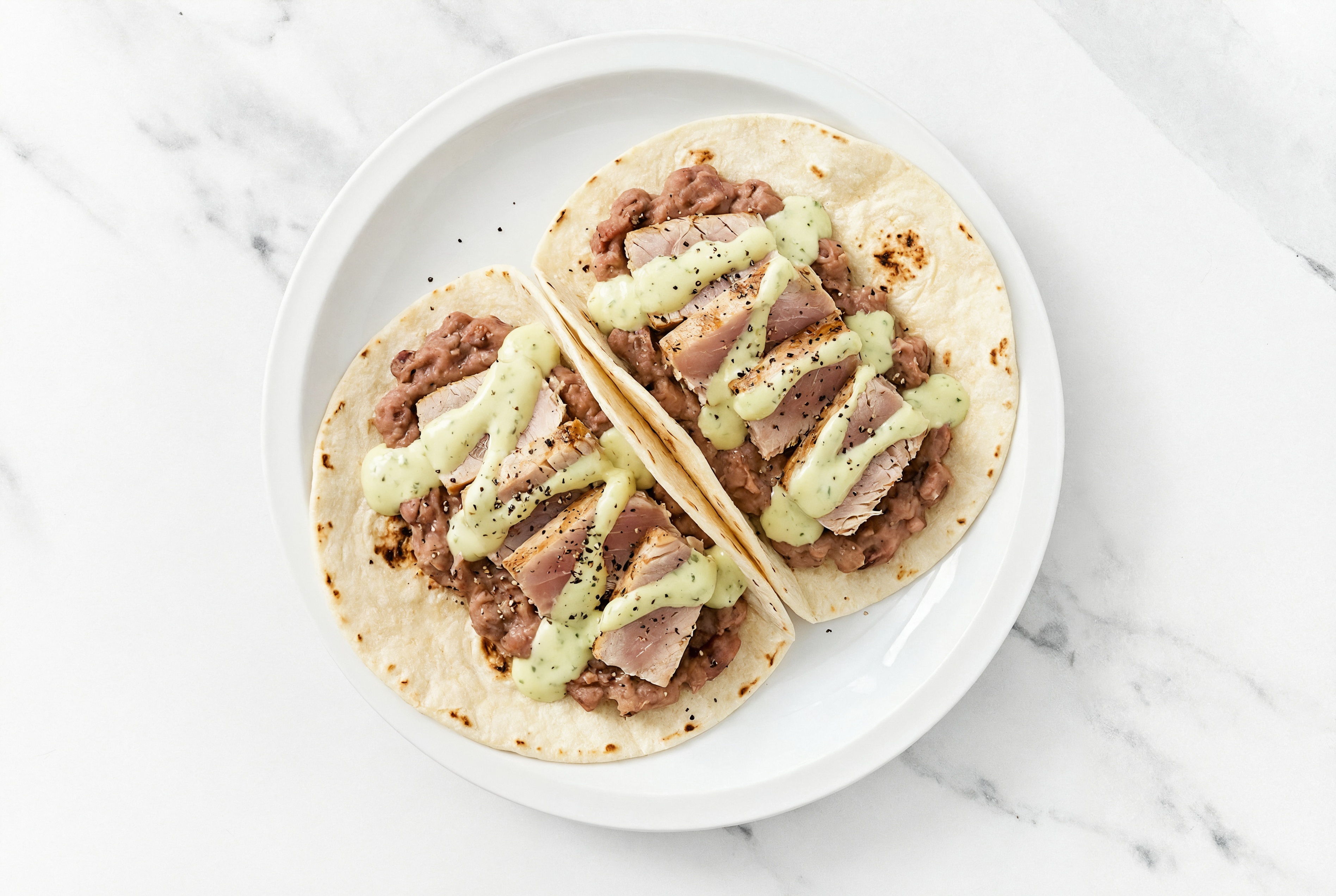  Refried Red Bean Tacos with Seared Tuna & Jalapeño Crema
