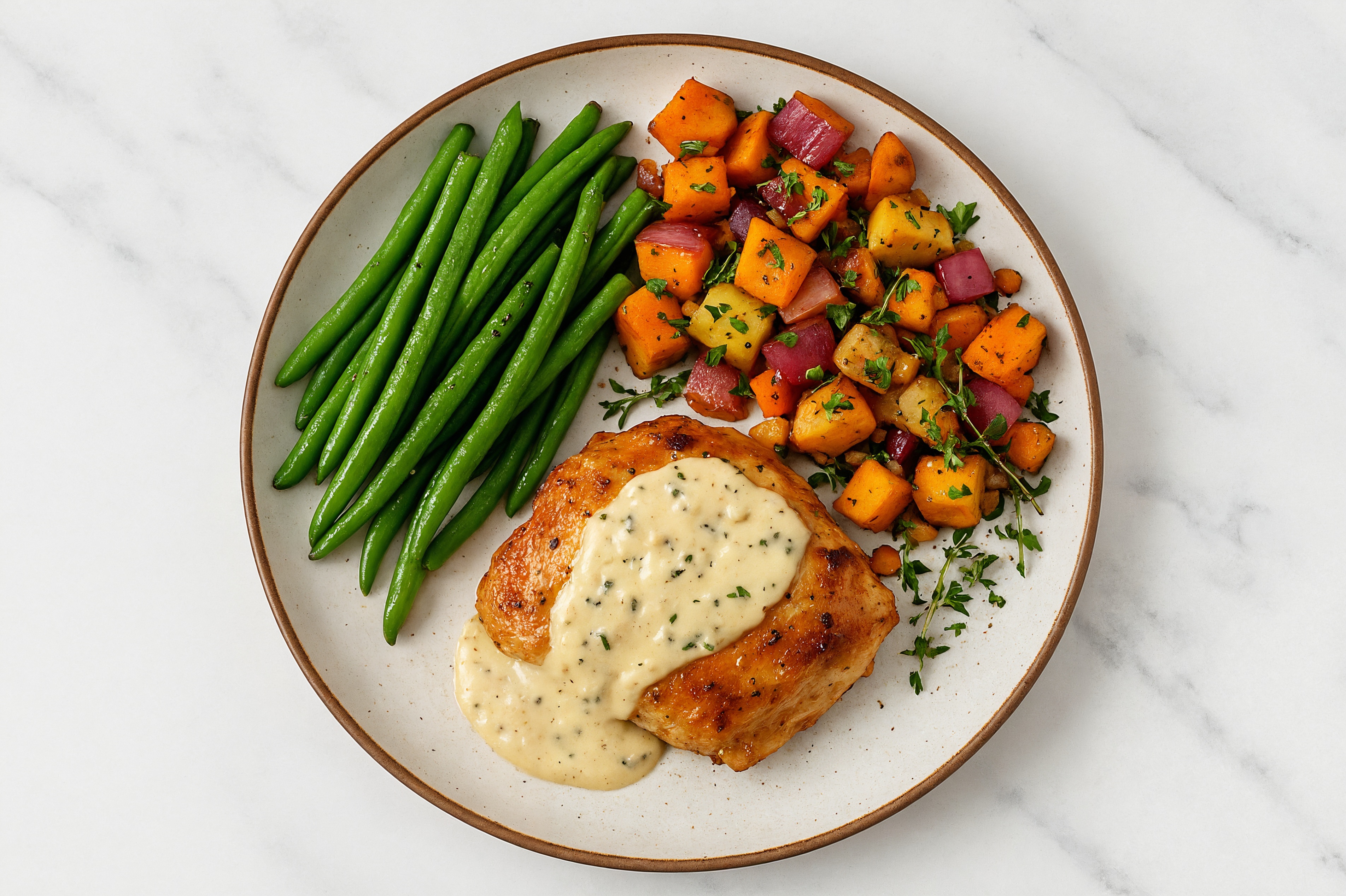 Creamy Truffle Smothered Chicken Thighs with Green Beans & Roasted Vegetables