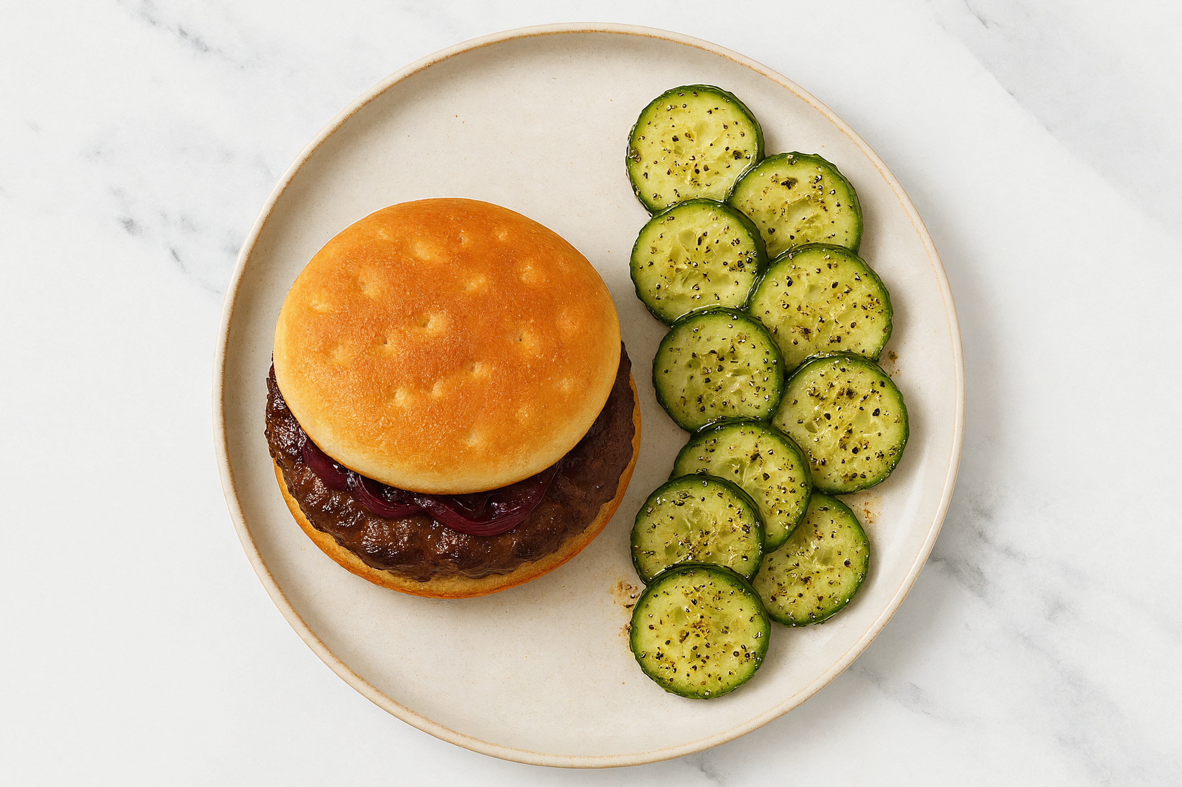 Hearty Balsamic Onion Burger + English Cucumber Salad