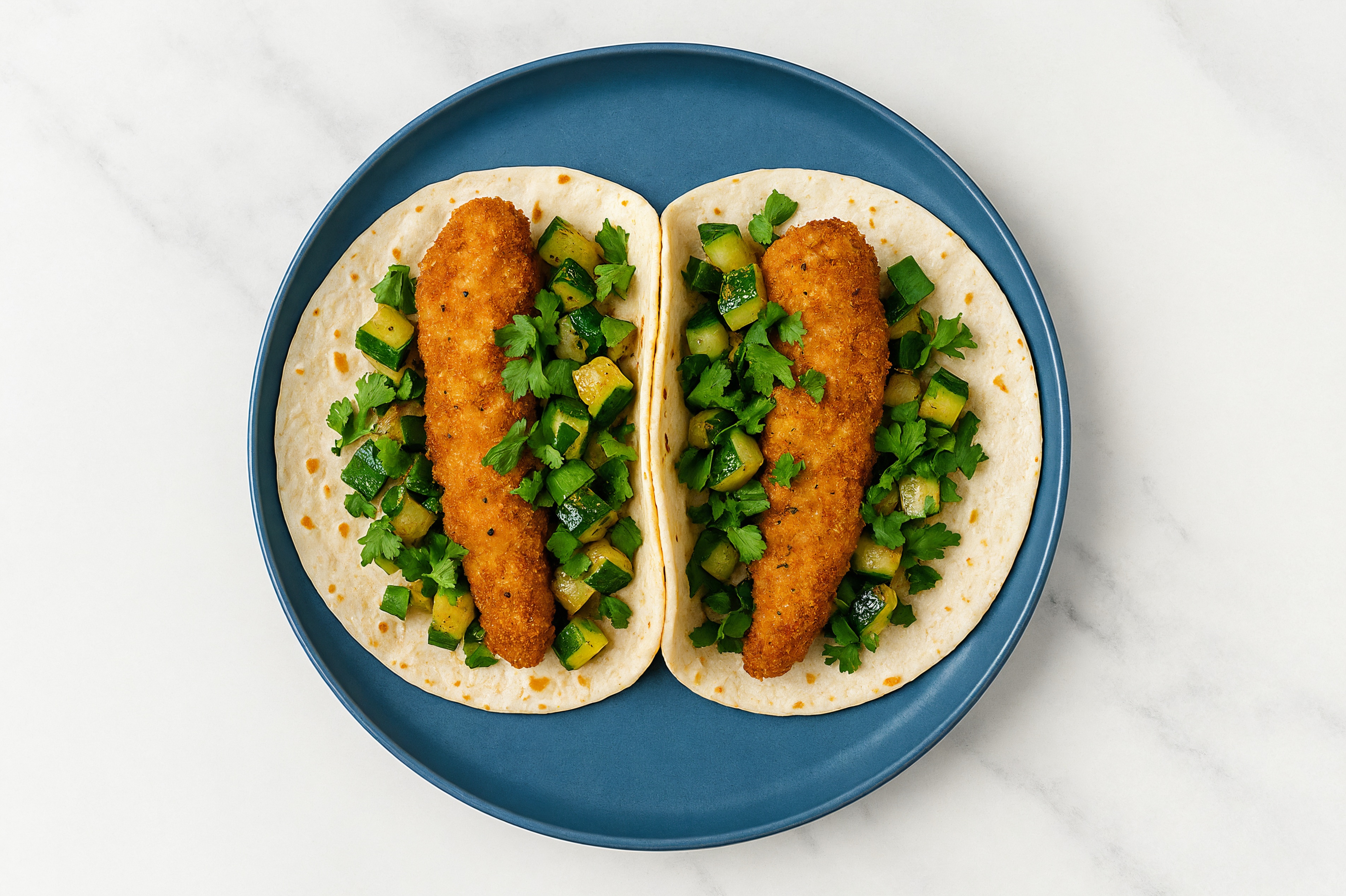 Vegan "Chicken" Tender Tacos with Zucchini + Poblanos