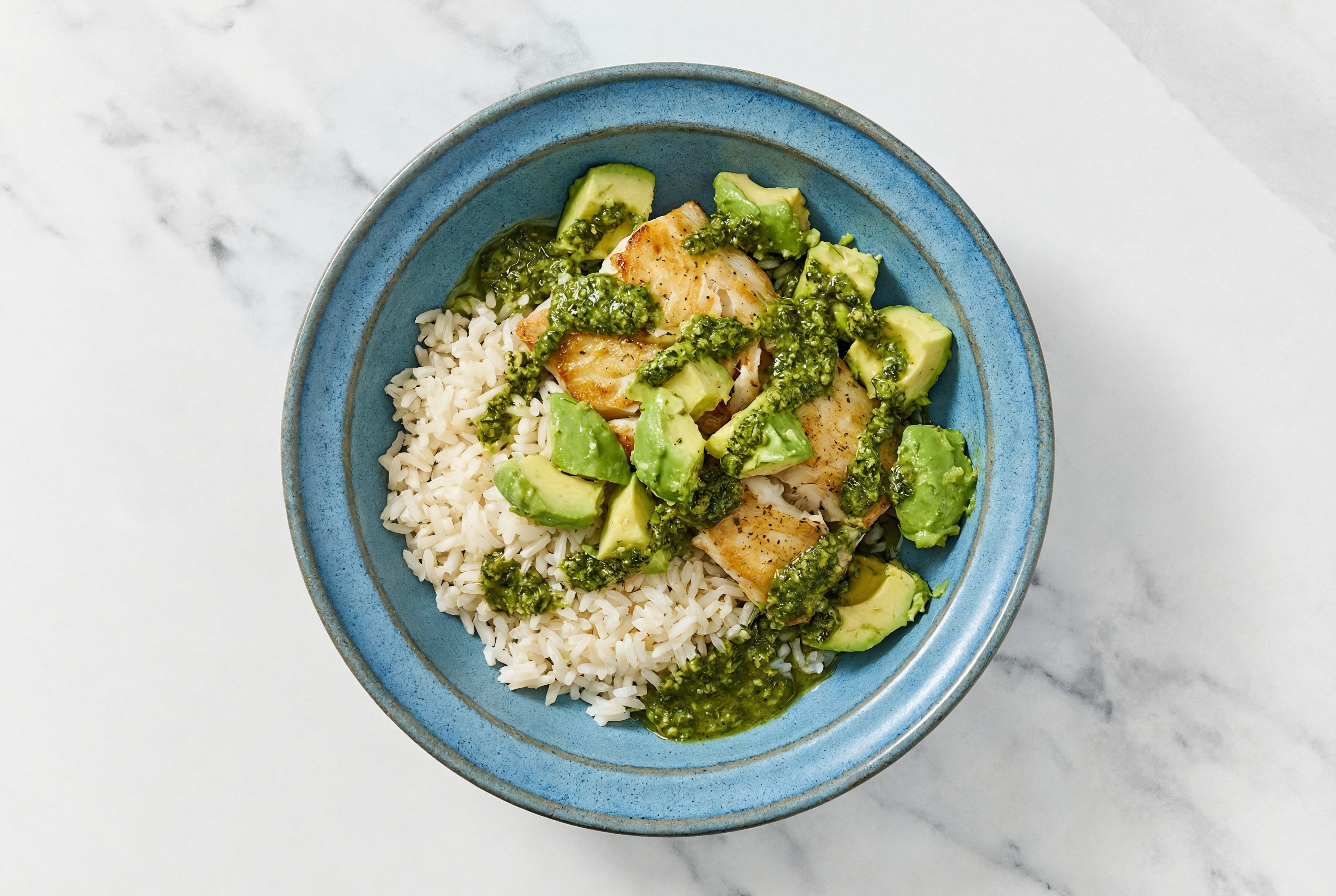 Barramundi & Avocado Grain Bowl with Kale Spinach Pesto