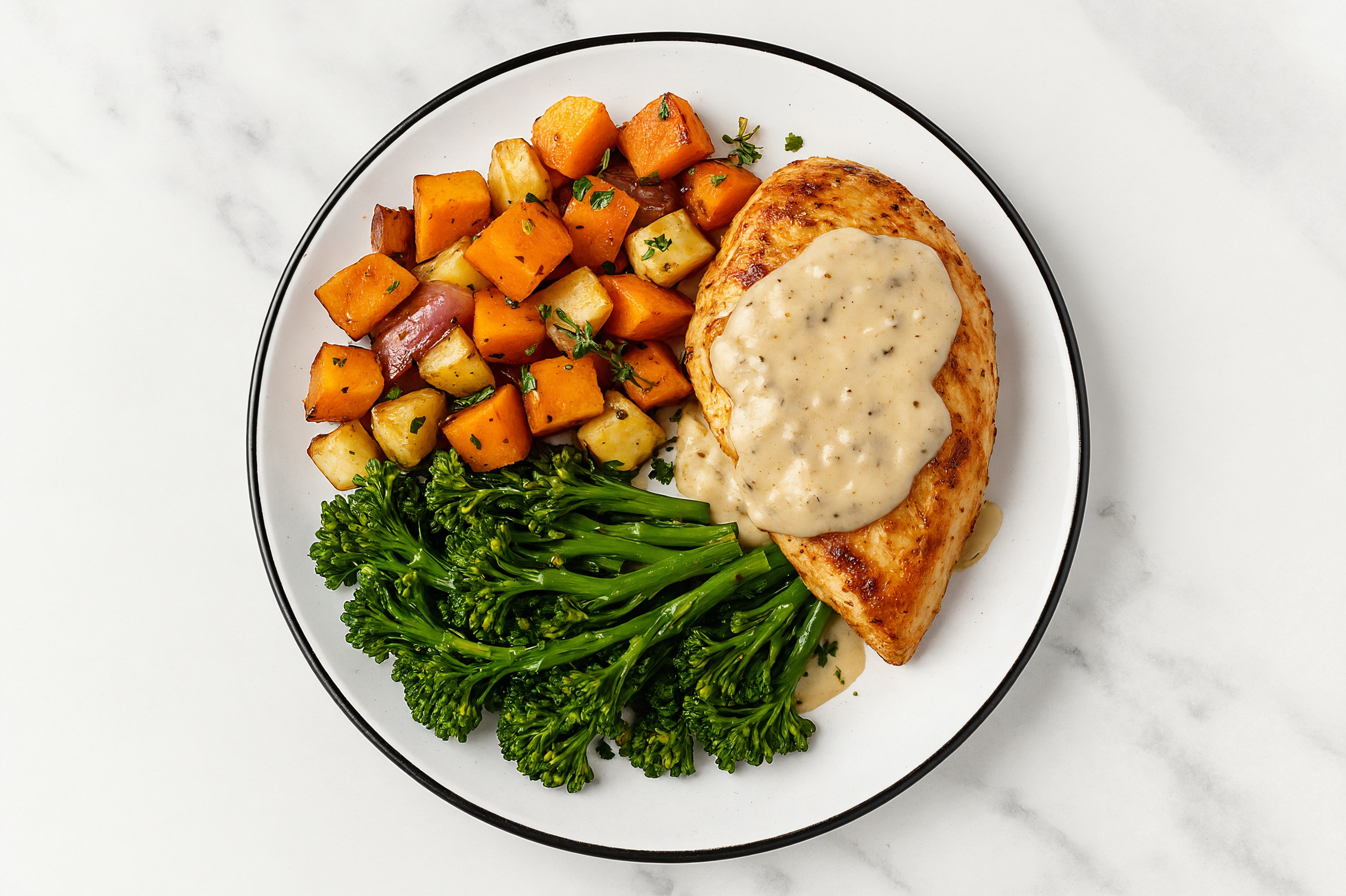 Creamy Truffle Smothered Chicken Breasts with Baby Broccoli & Roasted Vegetables