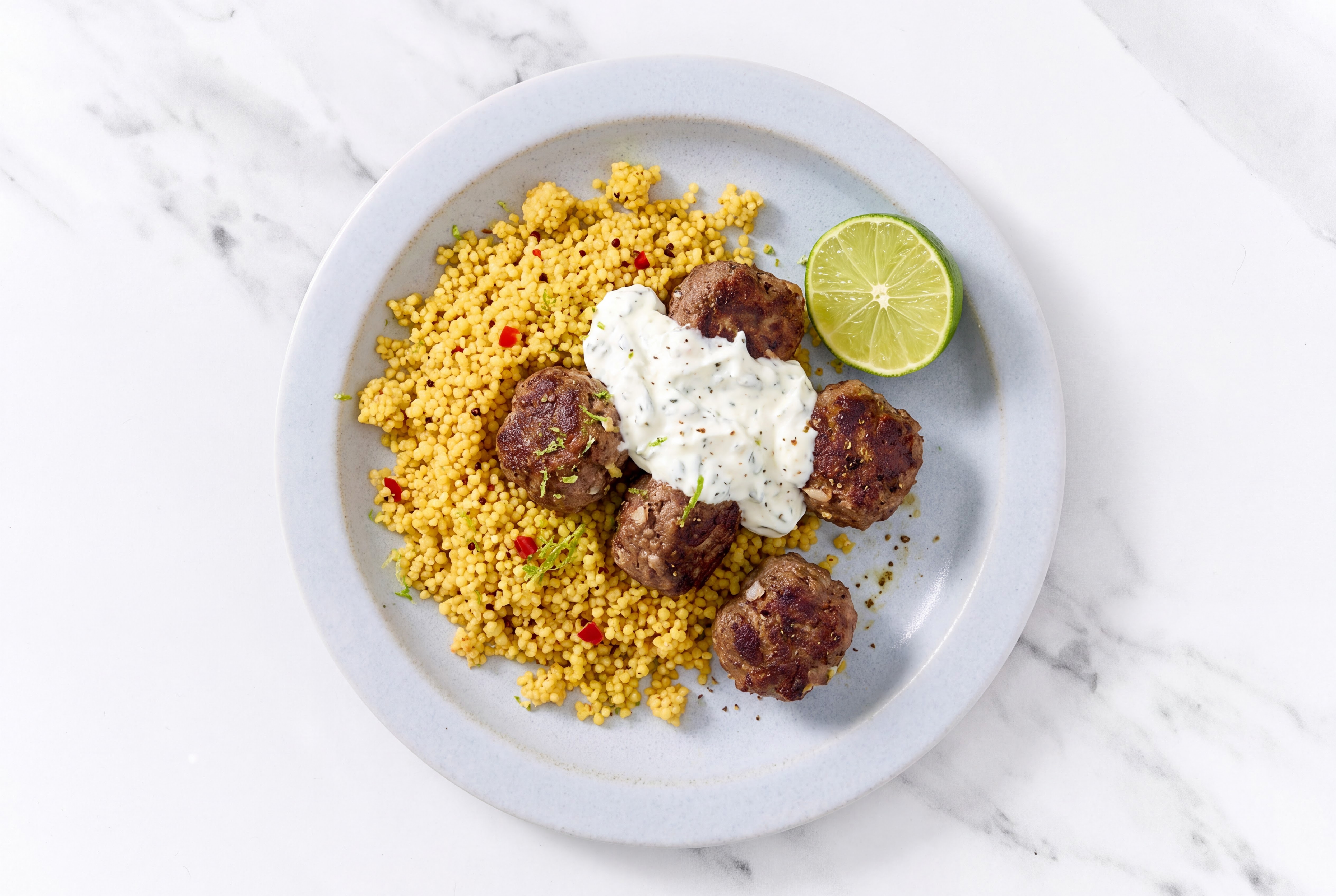 93/7 Lean Ground Beef Za'atar Meatballs + Lime Couscous