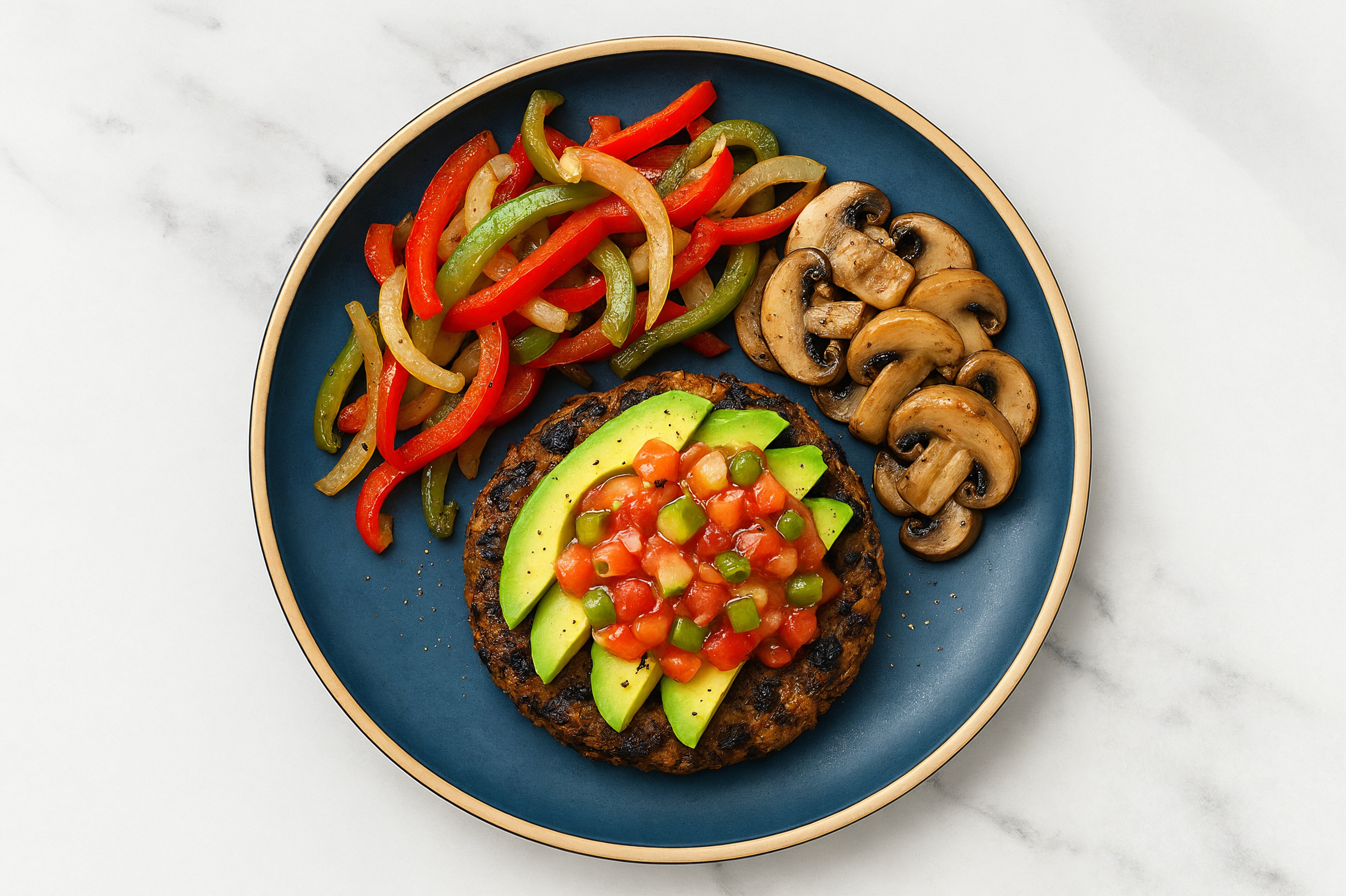 Black Bean Burger Fajita Plate with Baby Bella Mushrooms + Avocado