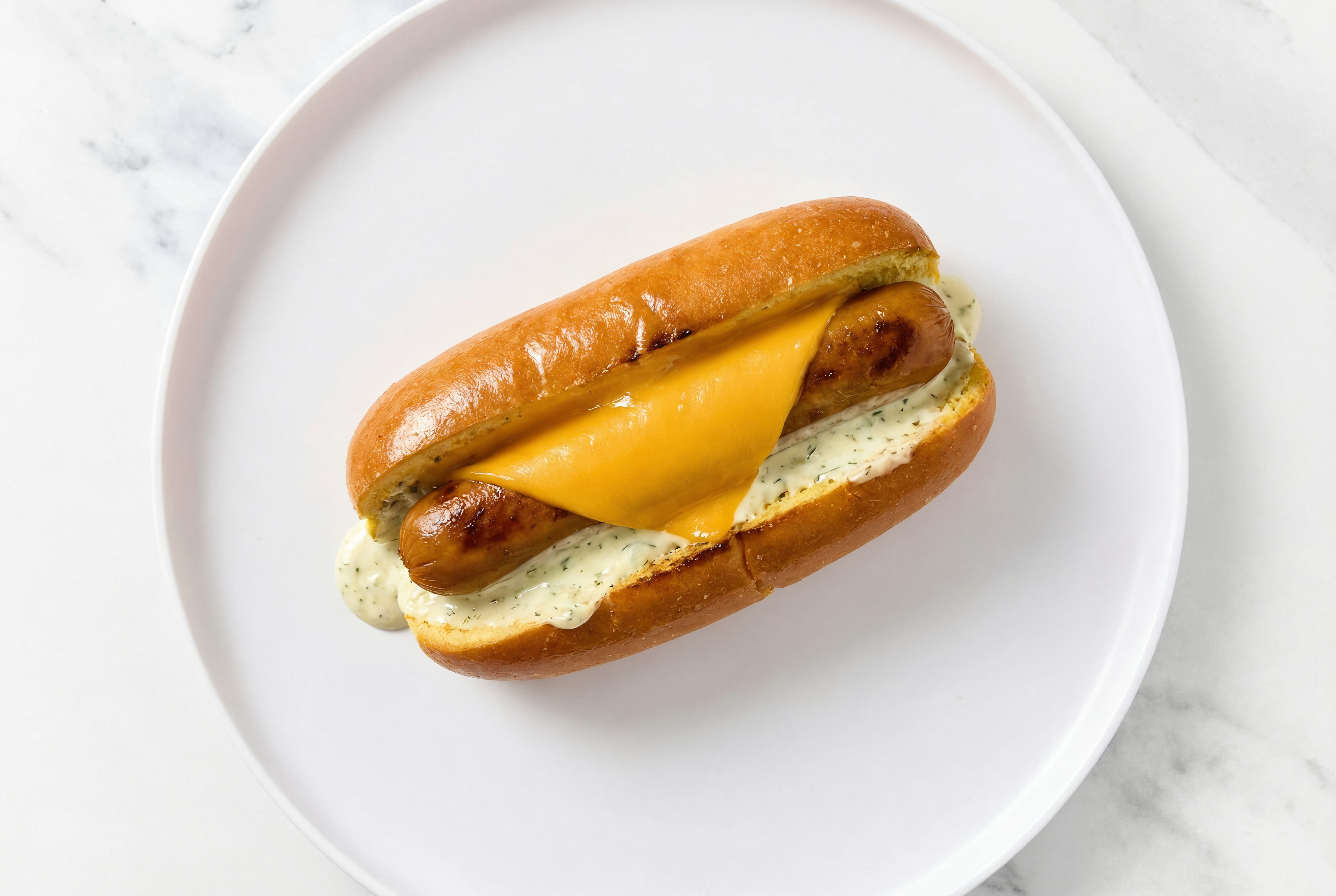 Cheddar Smart Dog with Garlic Sauce on Brioche