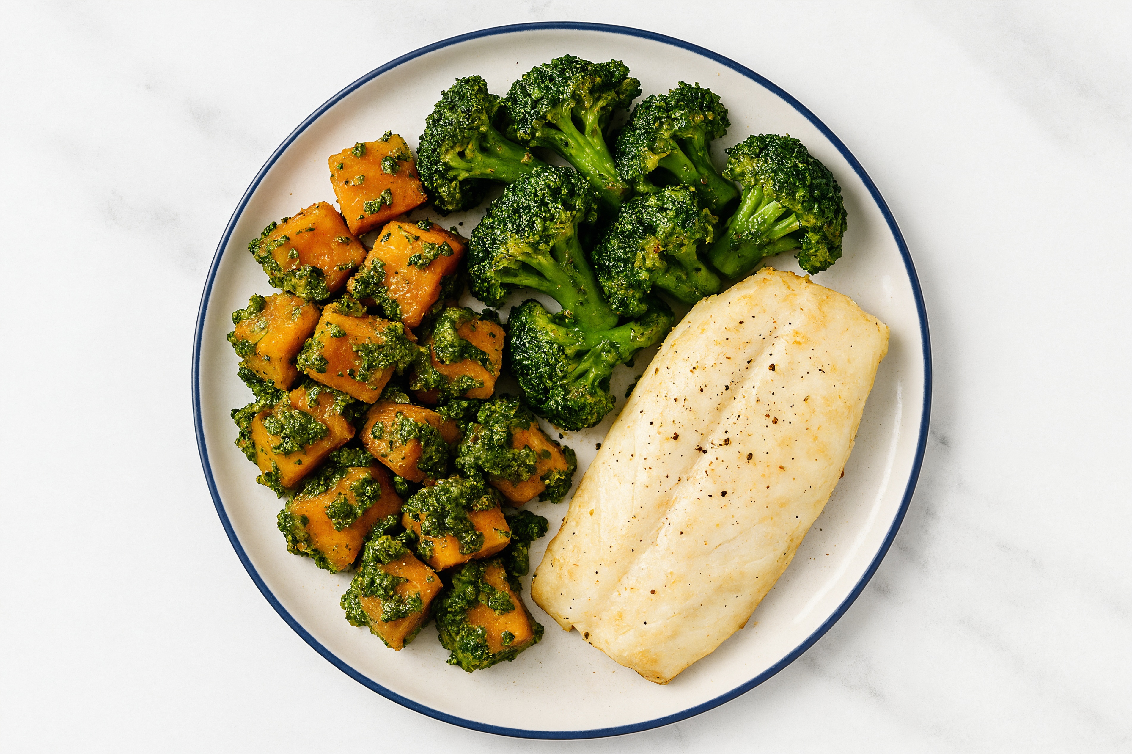 Sheet Pan Pesto-Cod with Sweet Potatoes & Broccoli