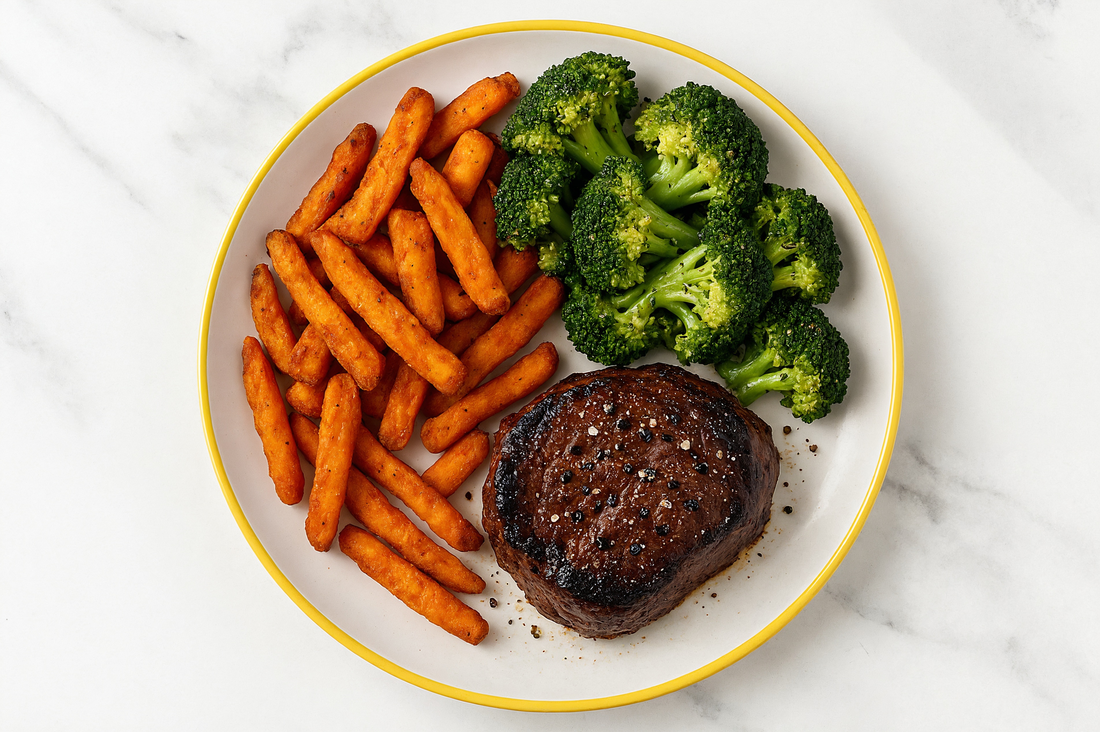 Hearty Filet Mignon + Sweet Potato Fries with Broccoli Florets