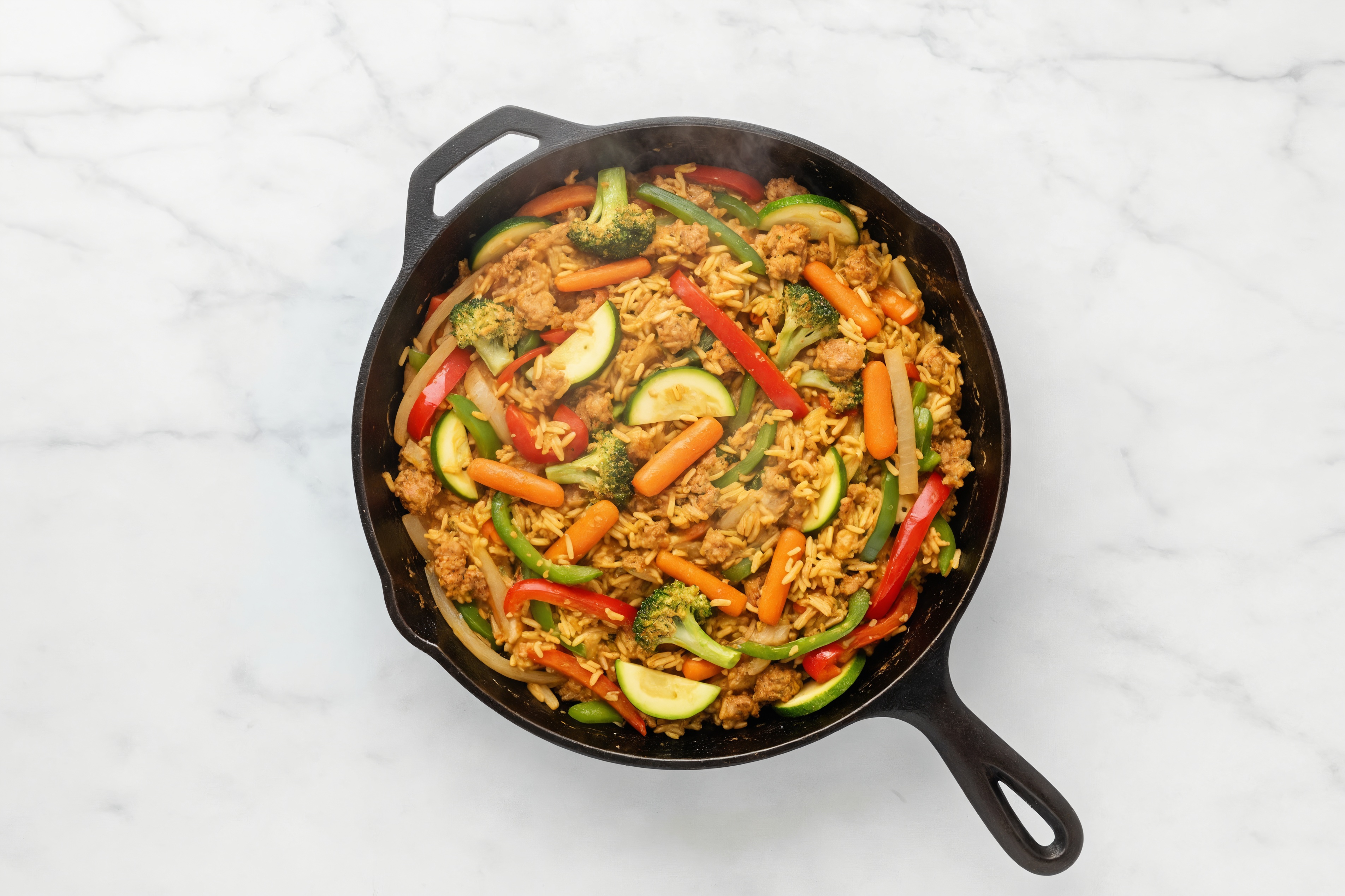 Curry Veggie + Ground Bison Stir-Fry with Seasoned Jasmine Rice