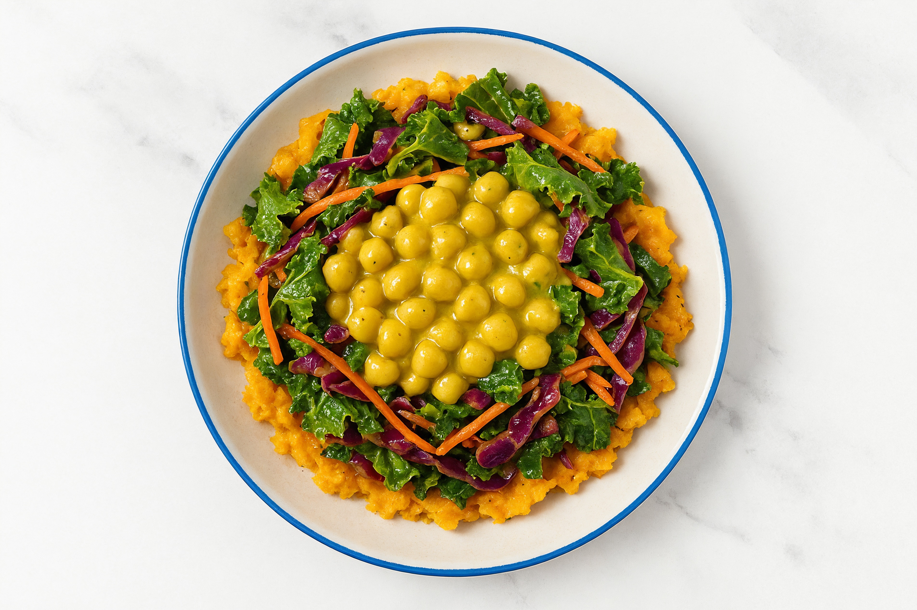 Coconut Curry Garbanzo Beans + Kale Mix over Mashed Sweet Potato