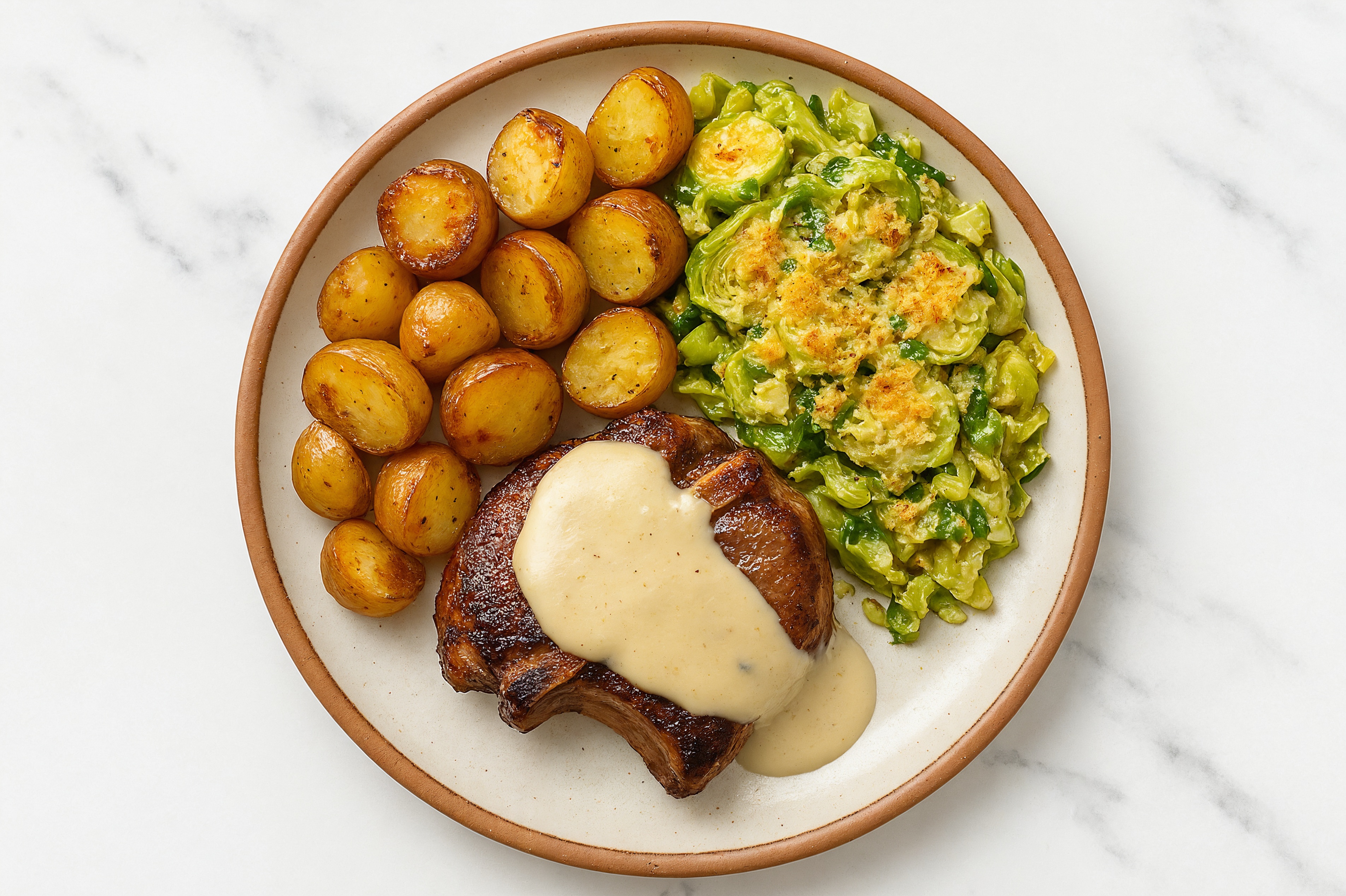 Herby Lamb Chops + Brussels au Gratin with Creamy Rosemary Mushroom Truffle Sauce